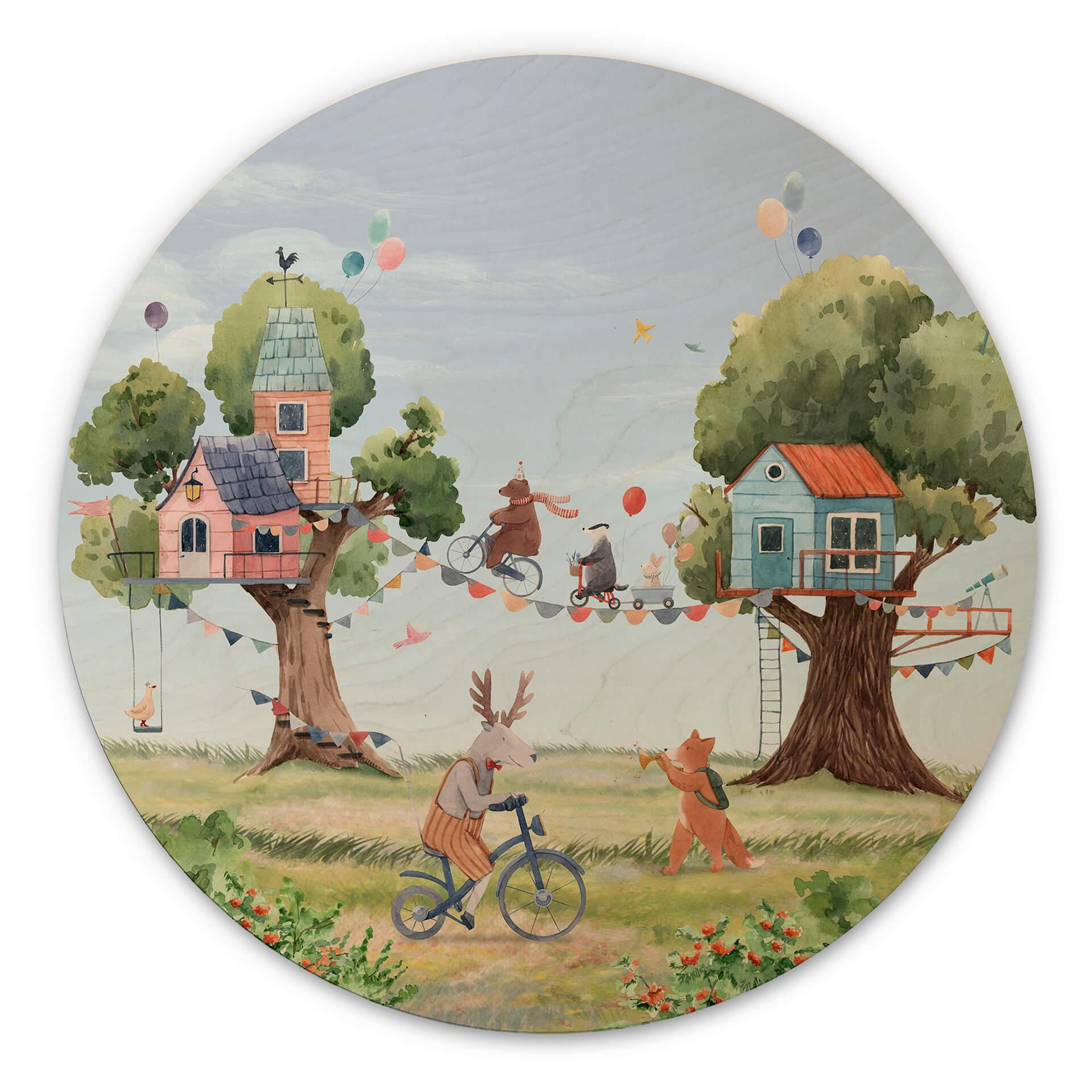 Cuadro de madera Oliver Robins - Fiesta en la casa del árbol - Redondo