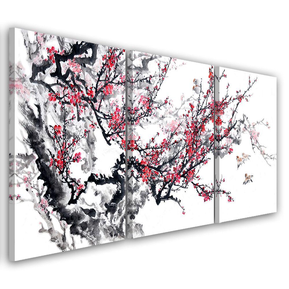 3 stykke lærredsprint, Cherry Blossom Japan Tree