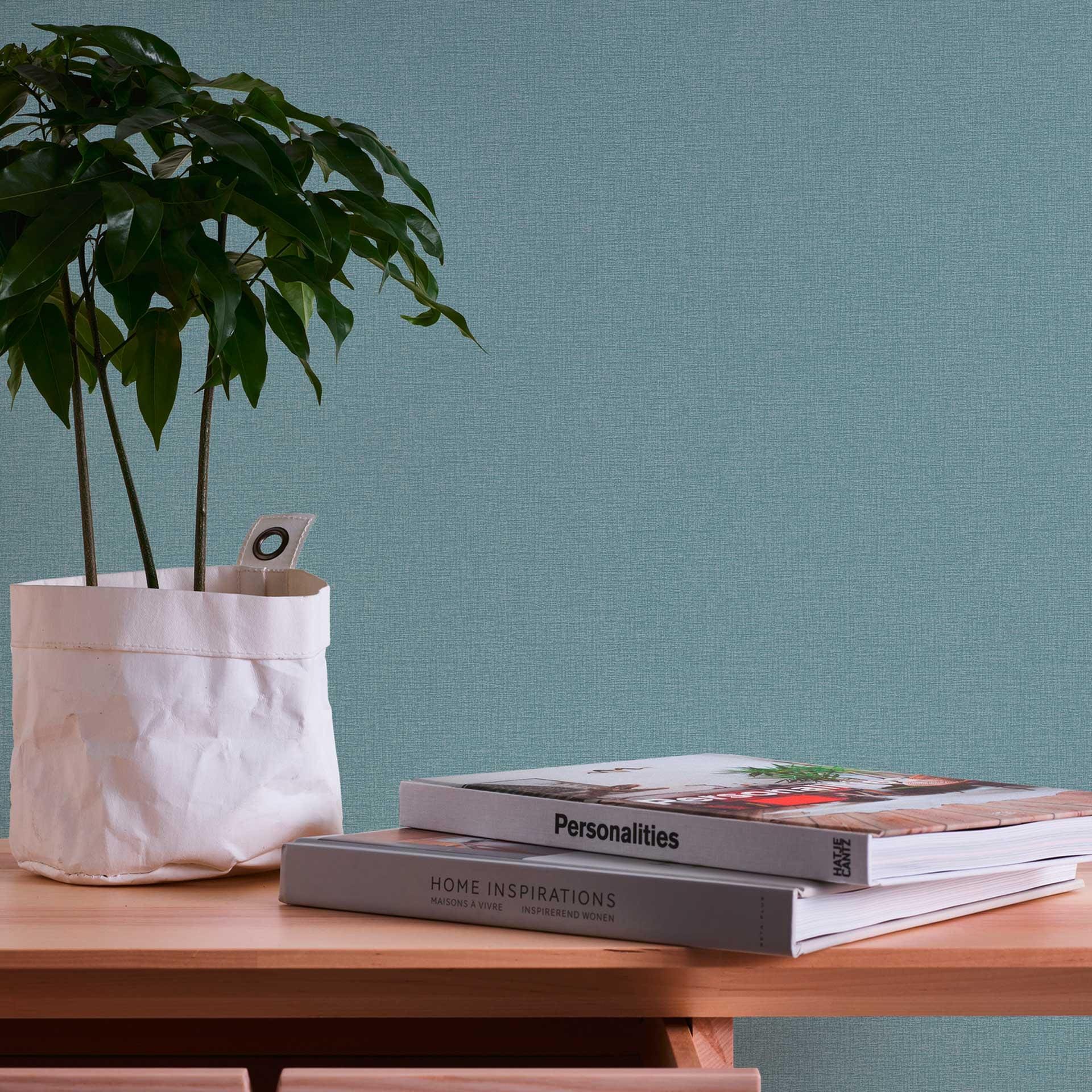 Hør-look blå turkis ensfarvet tapet - stof-look tapet - non-woven tapet