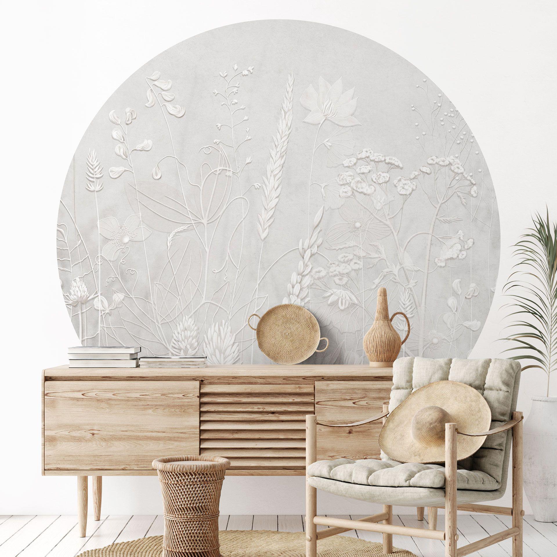 Fototapet med blomsterrelief - Planter i hvidt i et moderne design - Ms Tiff - Rundt - Selvklæbende/