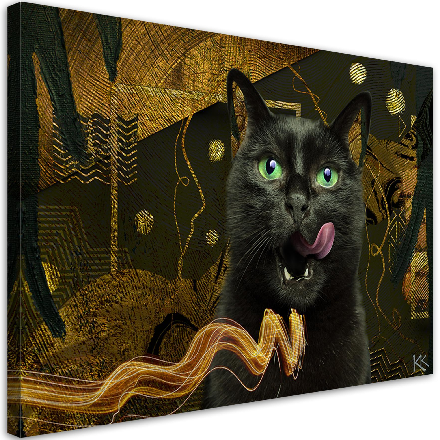 Canvasbillede, Sort kat guld abstrakt