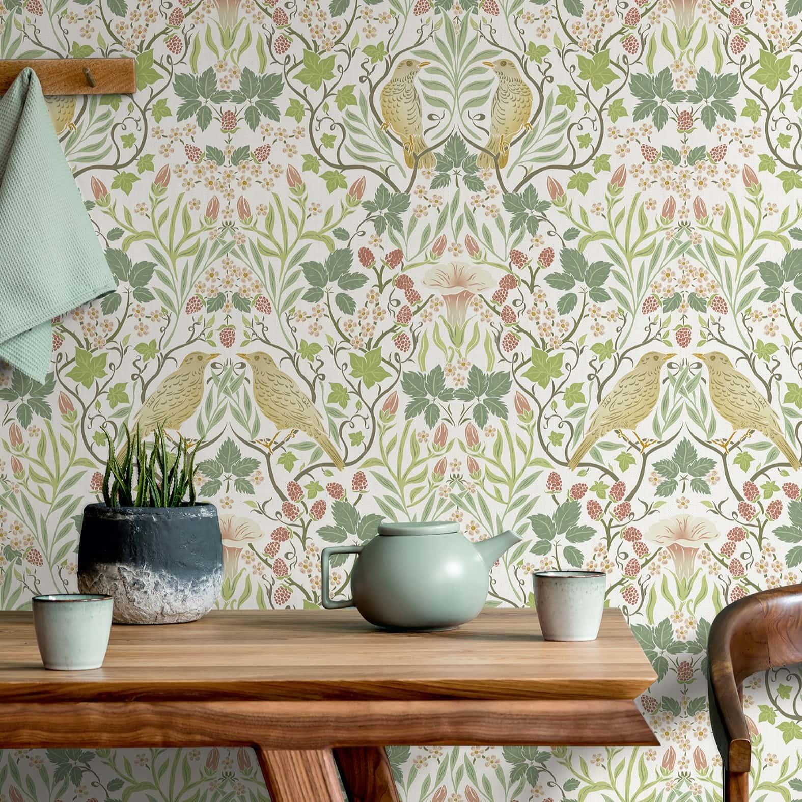 Ikke-vævet tapet fugle, blomster blomster natur i hvid