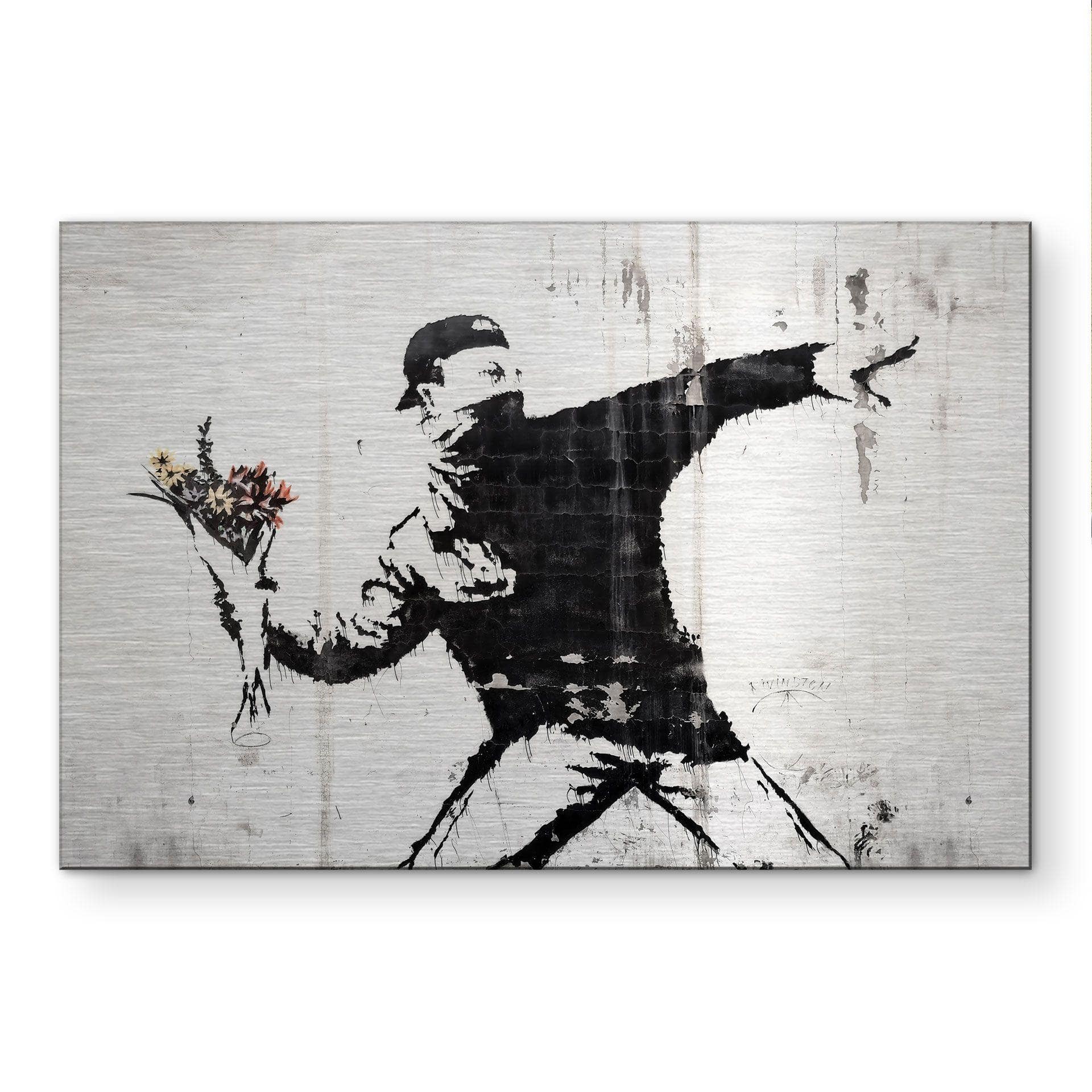 Alu-Dibond spazzolato con Effetto Oro, Argento e Rame - Il lanciatore di fiori - Banksy