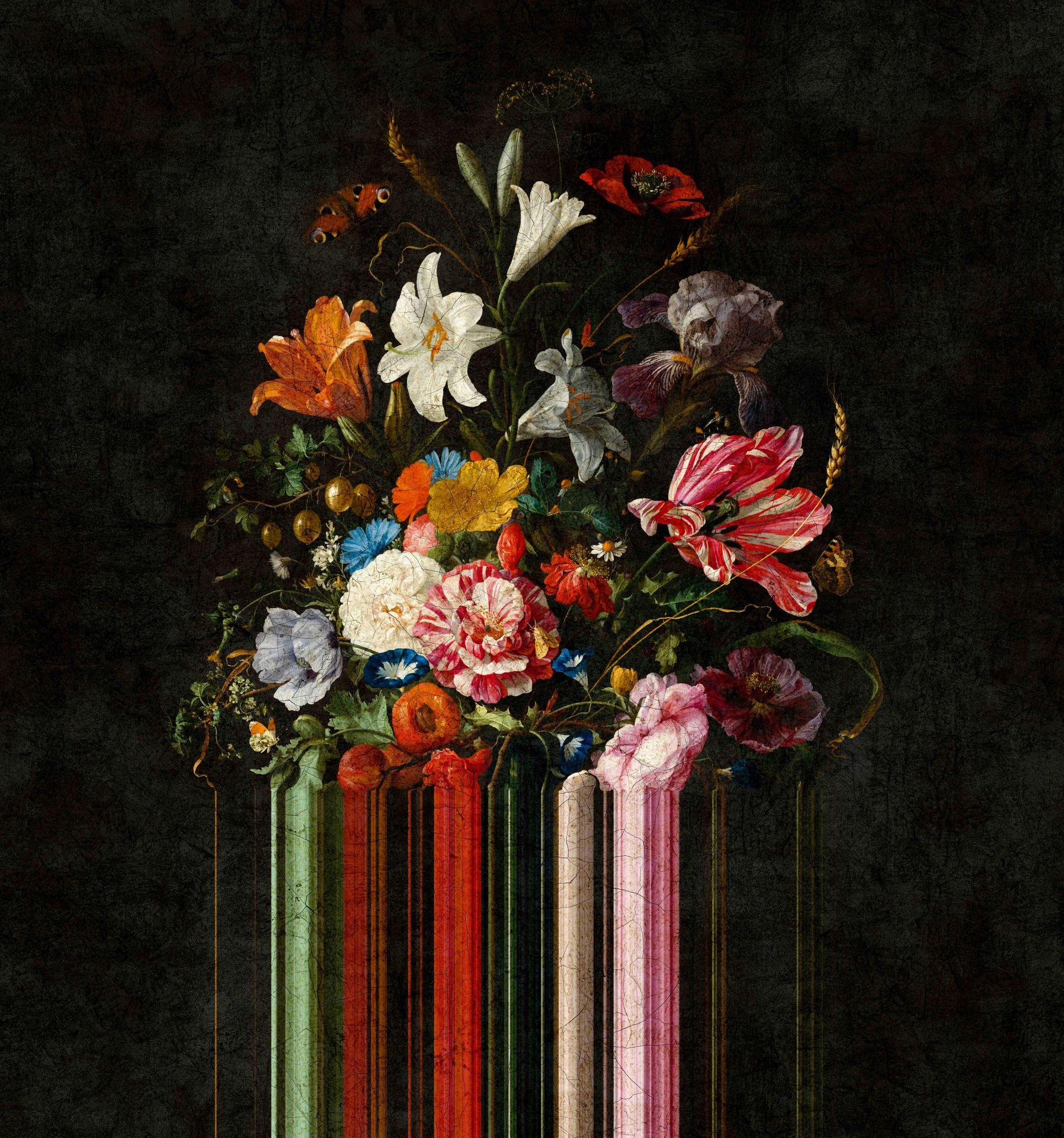 Fototapet Mørkt stilleben med blomsterbuket i vintagelook 2,7 x 2,65 m