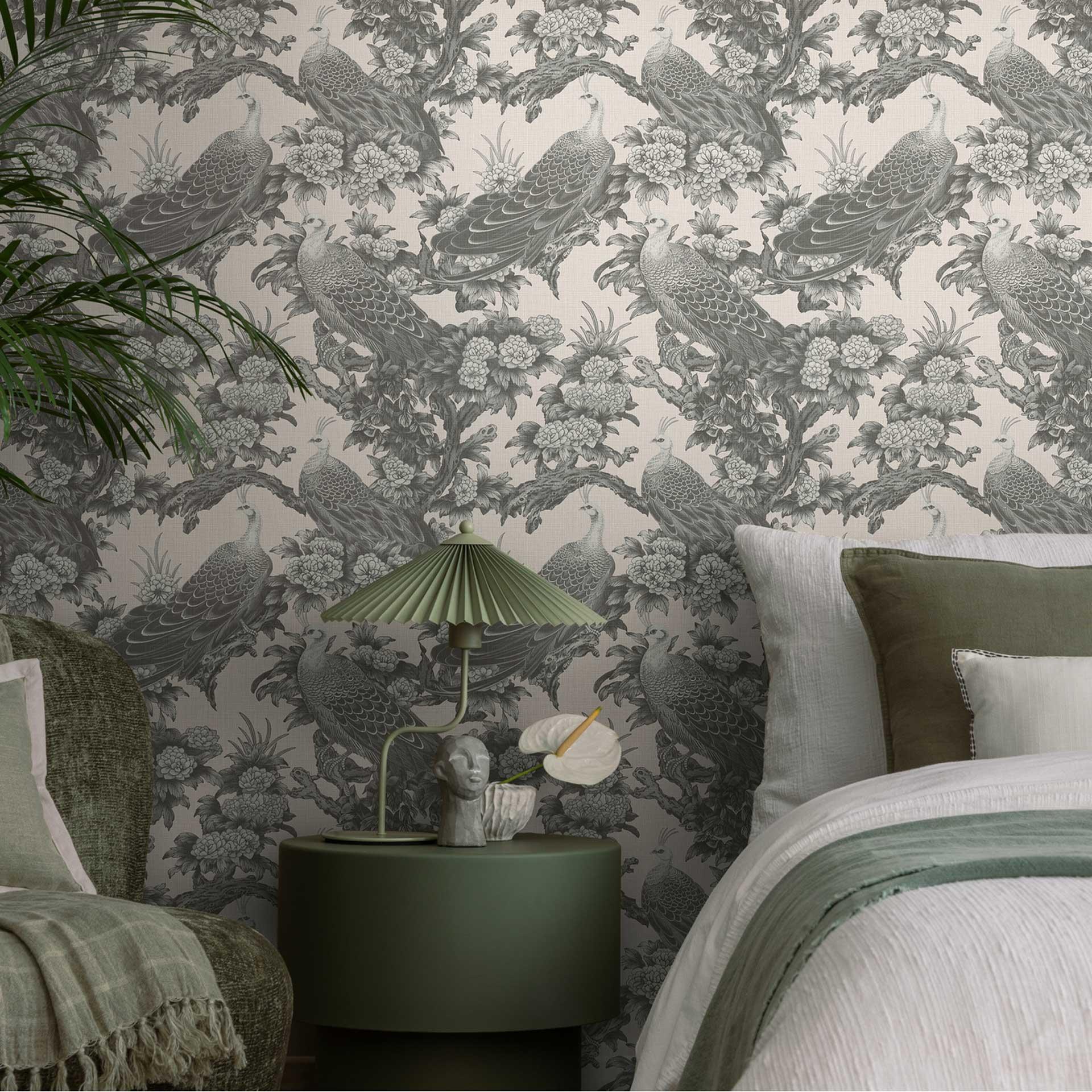Fugletapet creme grå - Ikke-vævet tapet med påfugle og blomstermønstre i et vintage-look