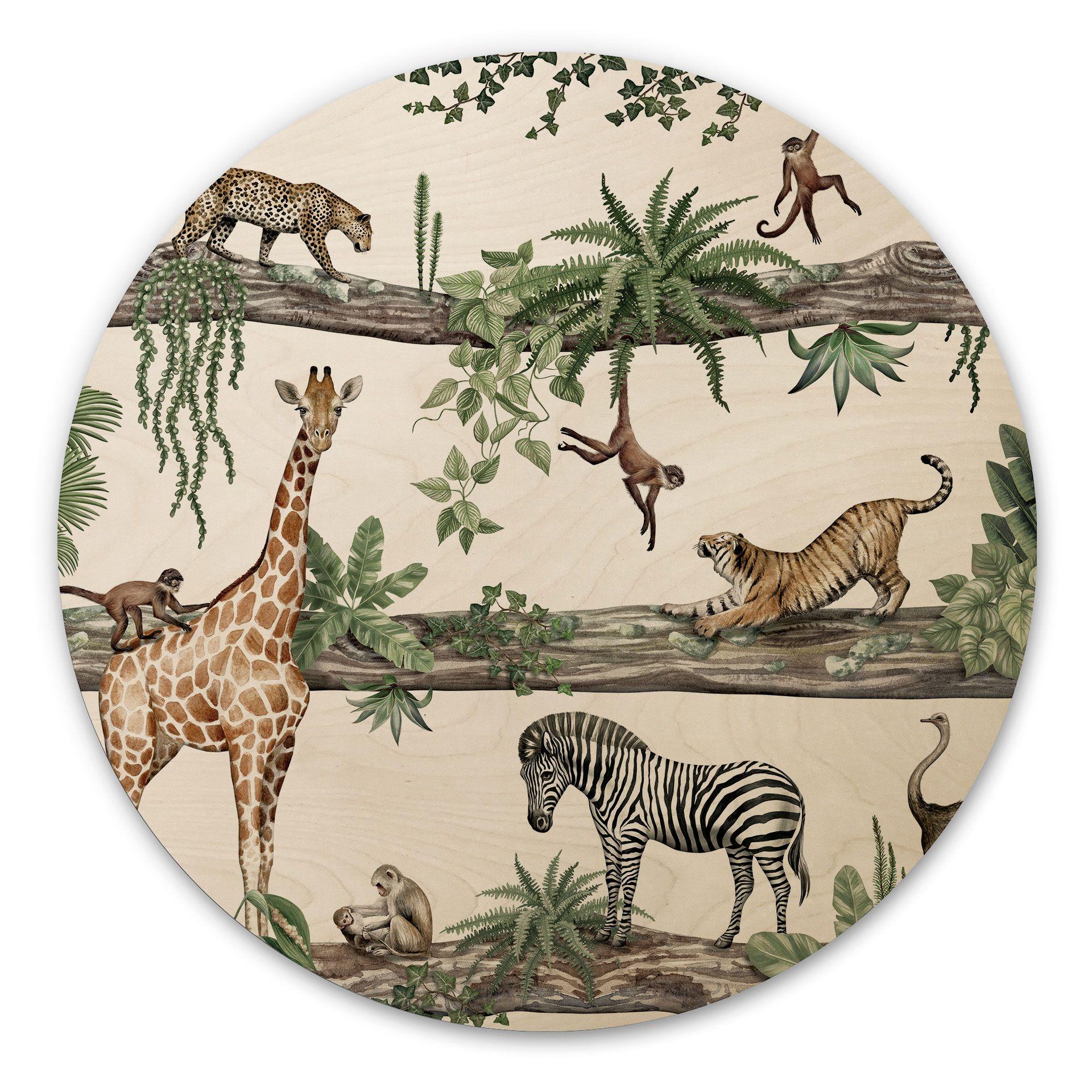 Cuadro de madera Animales africanos en la jungla - Kikki Belle - Redondo