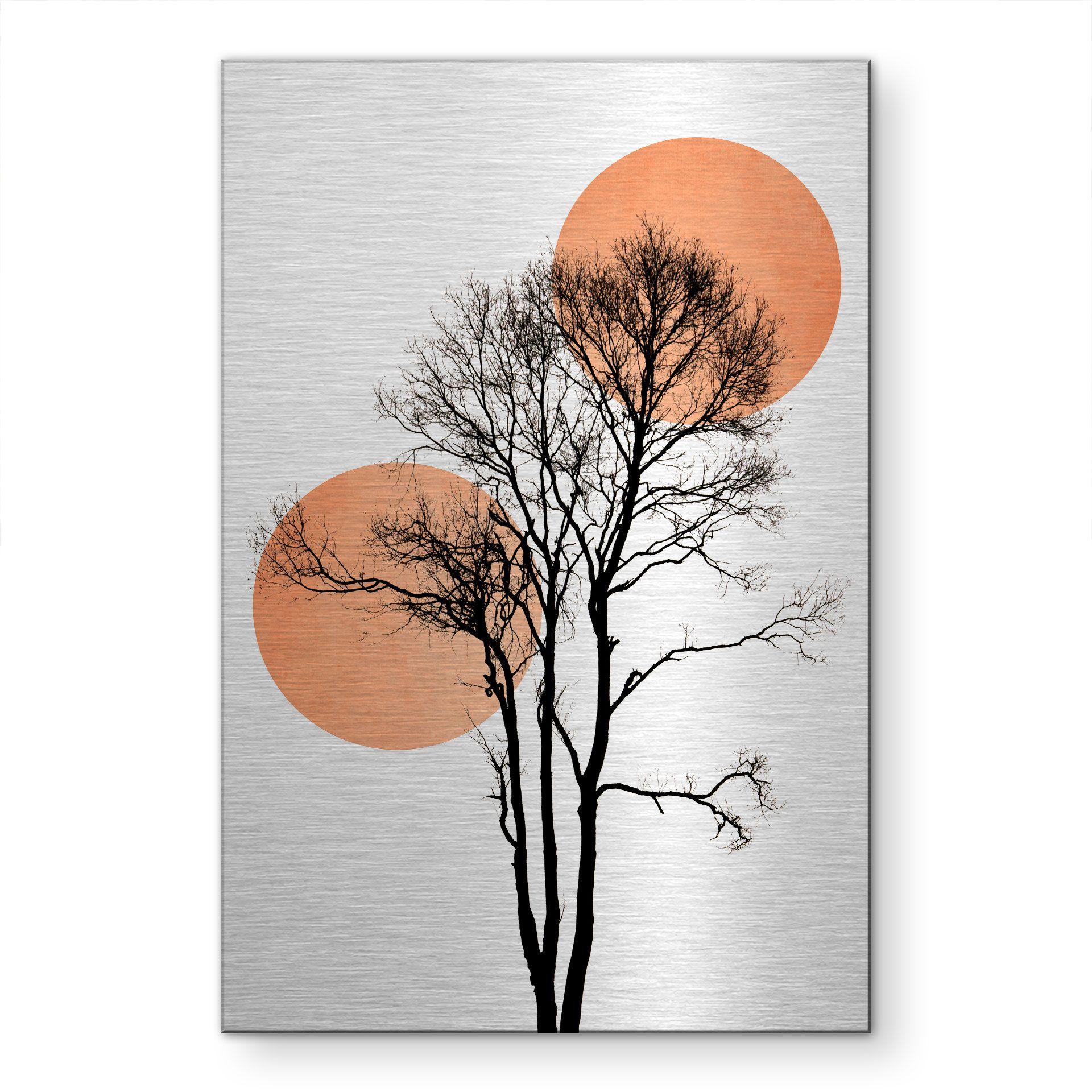 Alu-Dibond spazzolato con Effetto Oro, Argento e Rame - Sole e luna in arancione - Kubistika