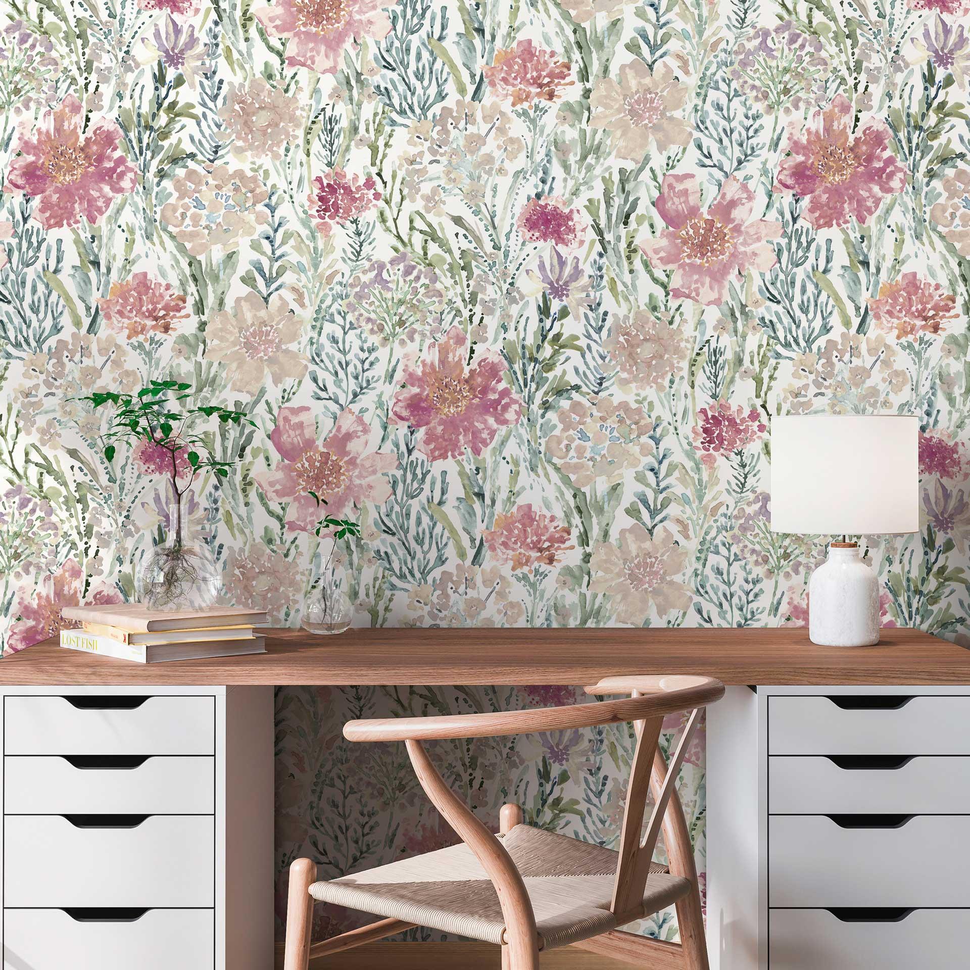 Papel pintado Floral acuarela rosa pastel - papel pintado no tejido floral - romántico