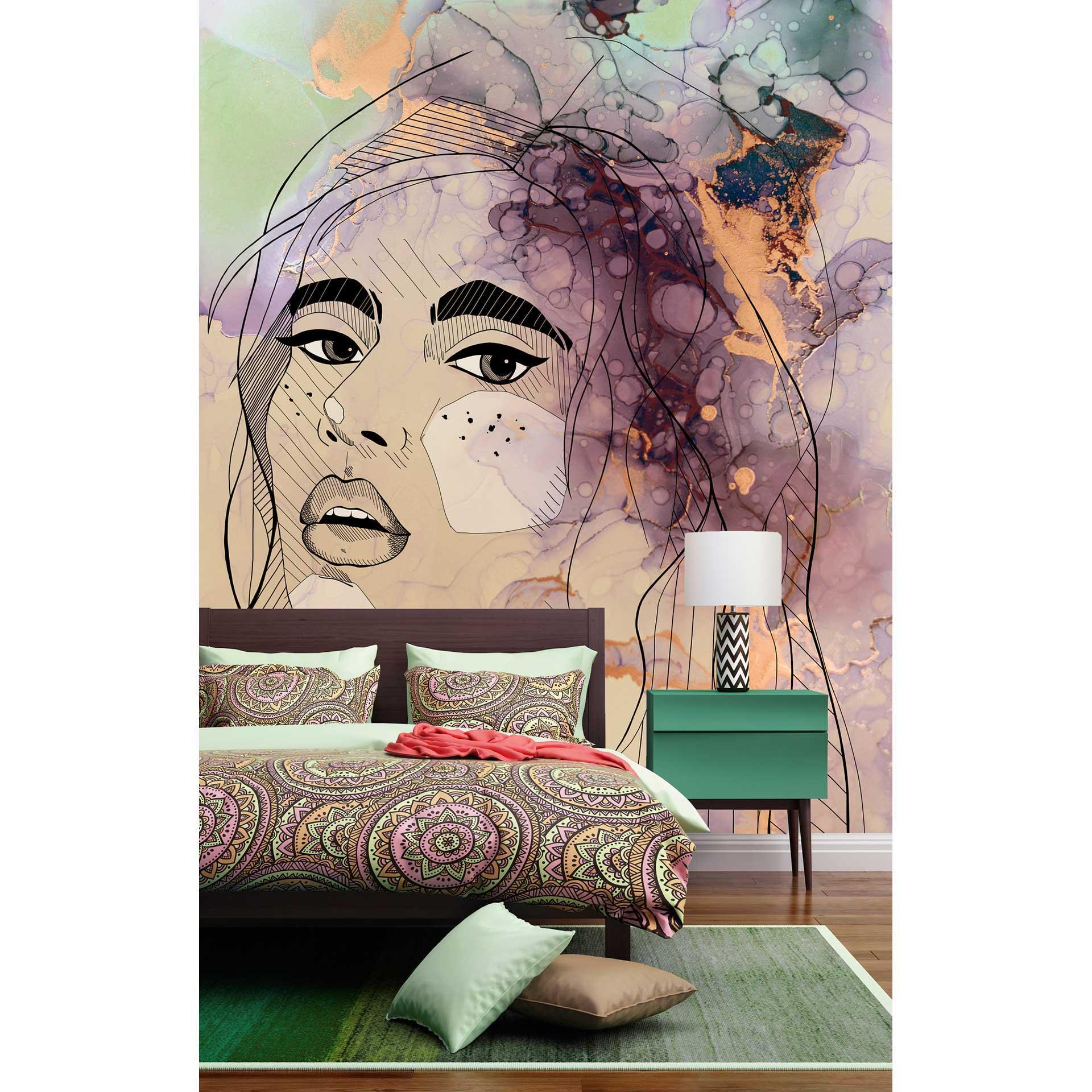 Livingwalls papier peint photo ARTist Lady motif aquarelle beige, vert, orange, noir, violet
