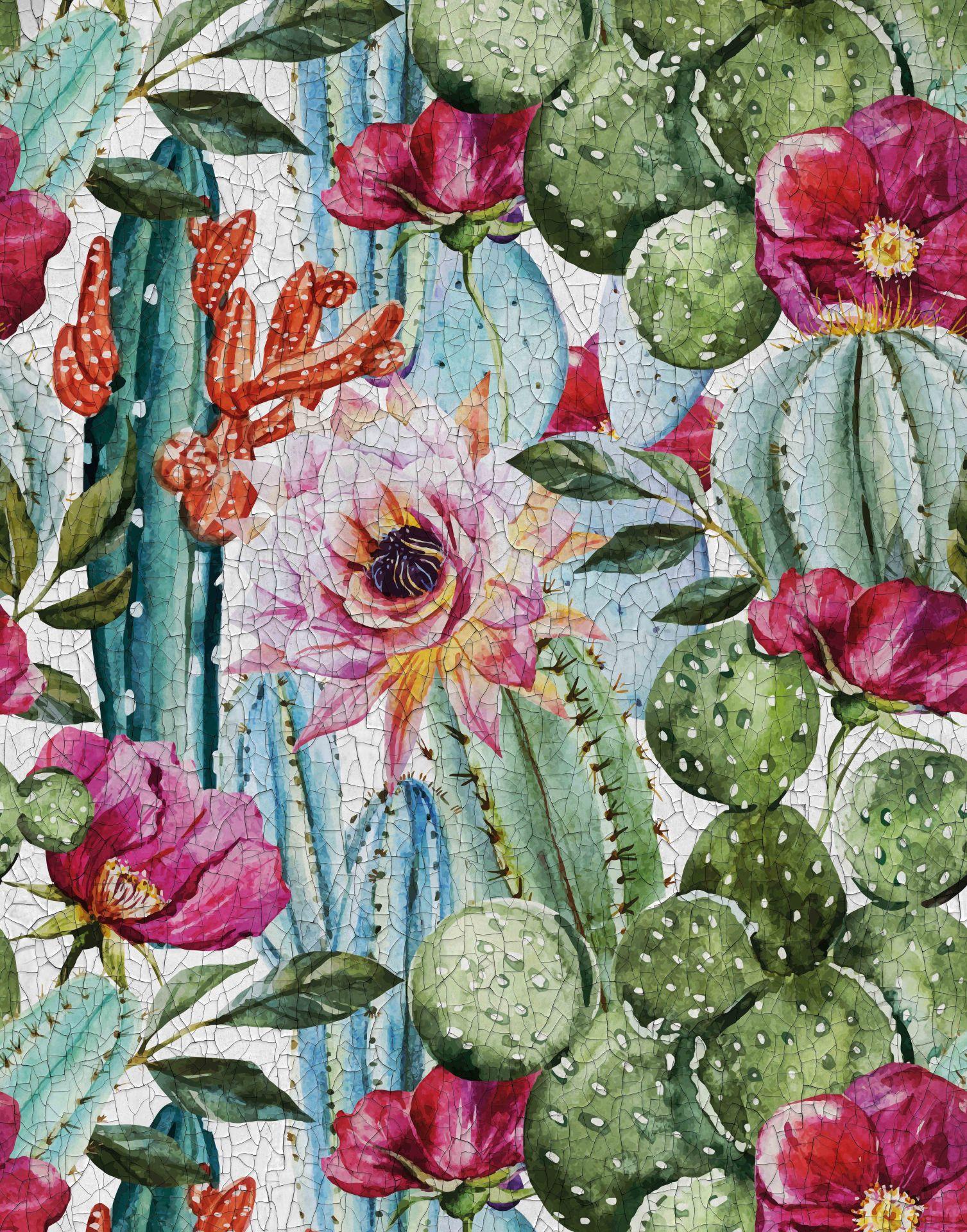 Akvarel kaktus og blomst Fototapet i grøn og lyserød med Mexico Boho 2,7 x 2,12 m
