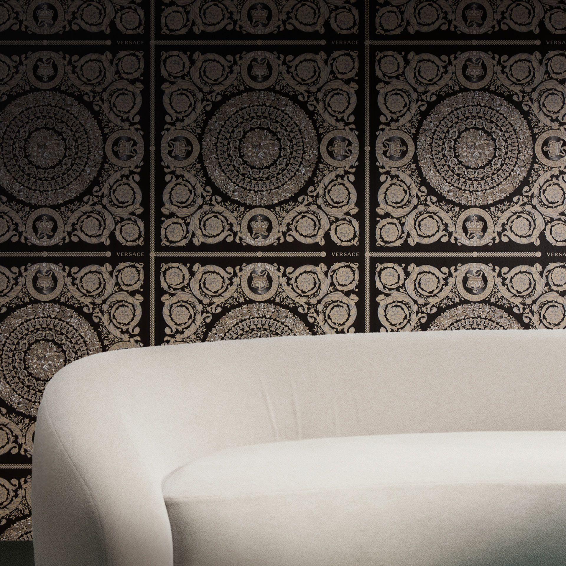 Versace ikke-vævet tapet Heritage Baroque Medallion Floral Black Beige Grey luksuriøst