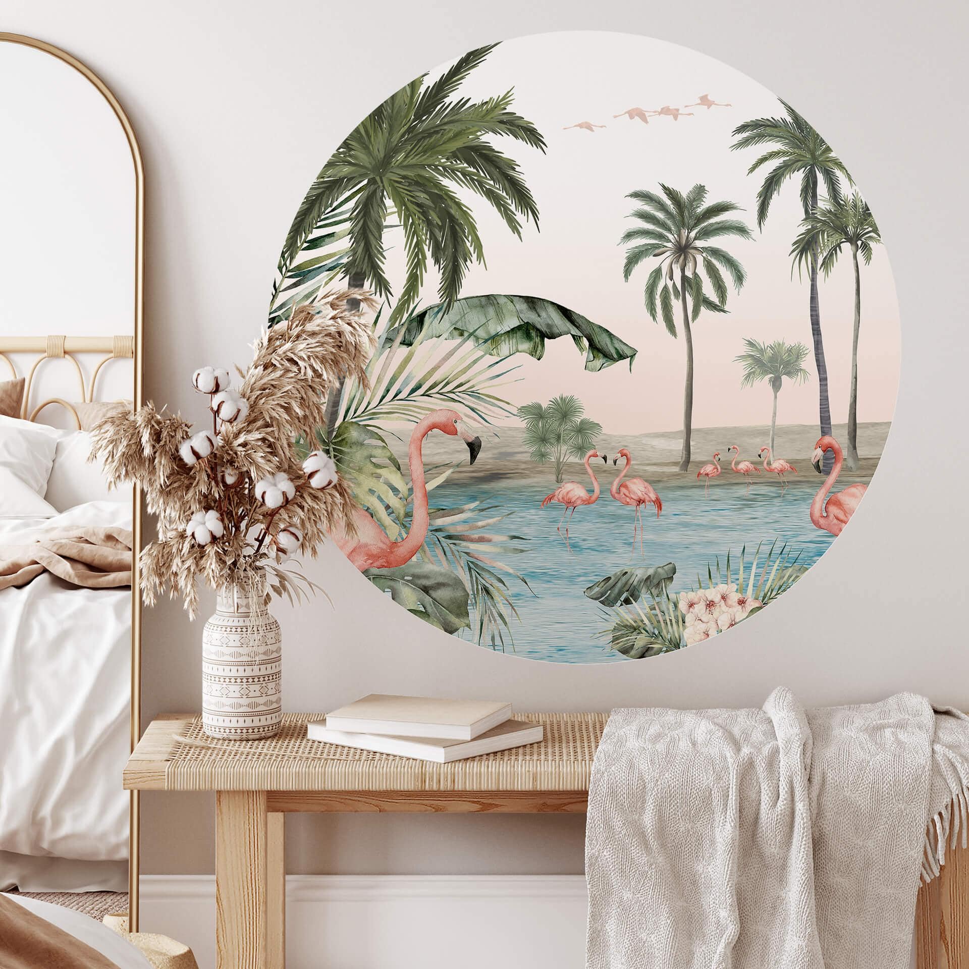 Sticker mural rond Kikki Belle - Oasis de flamants roses