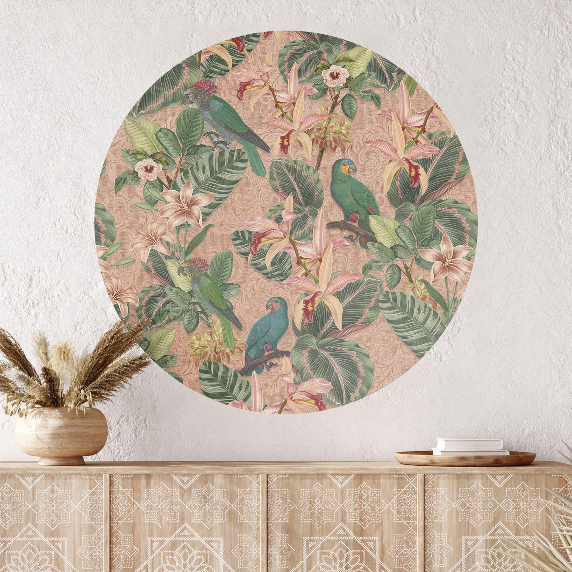Vinilo decorativo selva con loros rosa - Bloomery Decor - Redondo