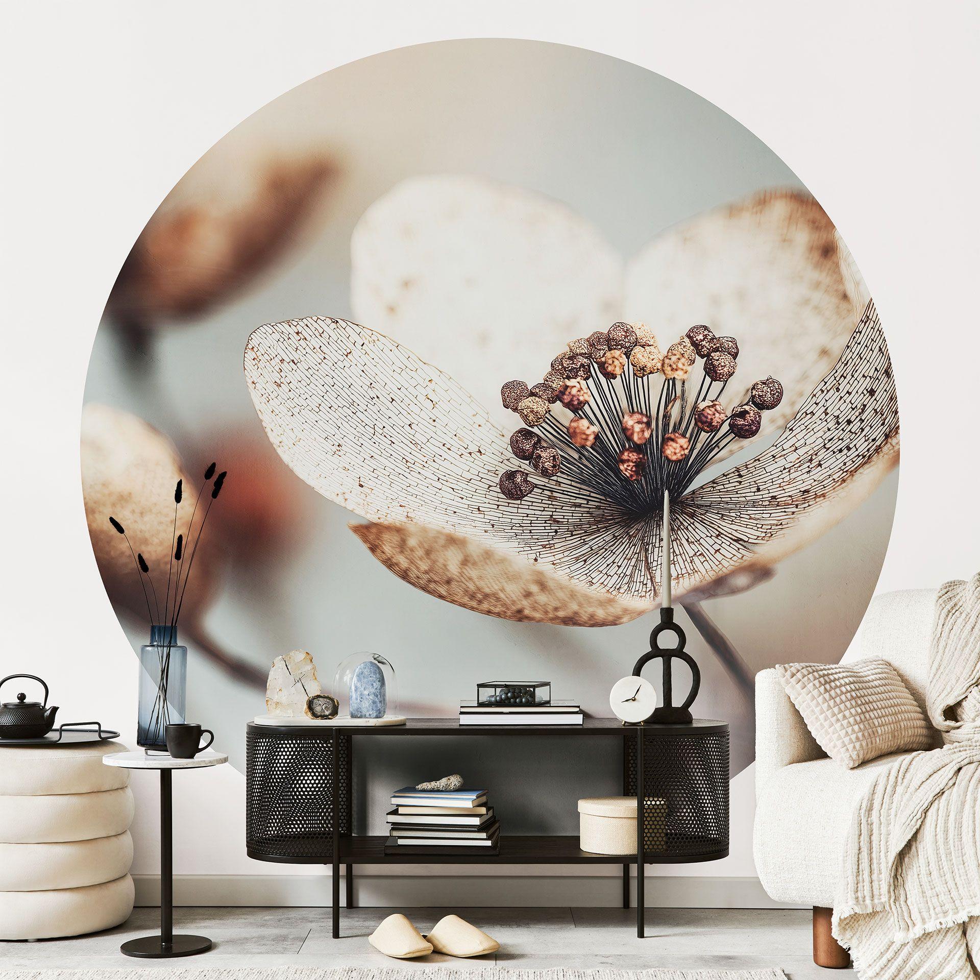Fototapet med blomster Boho tørret blomst makro - Treechild - rund - selvklæbende/ikke-vævet