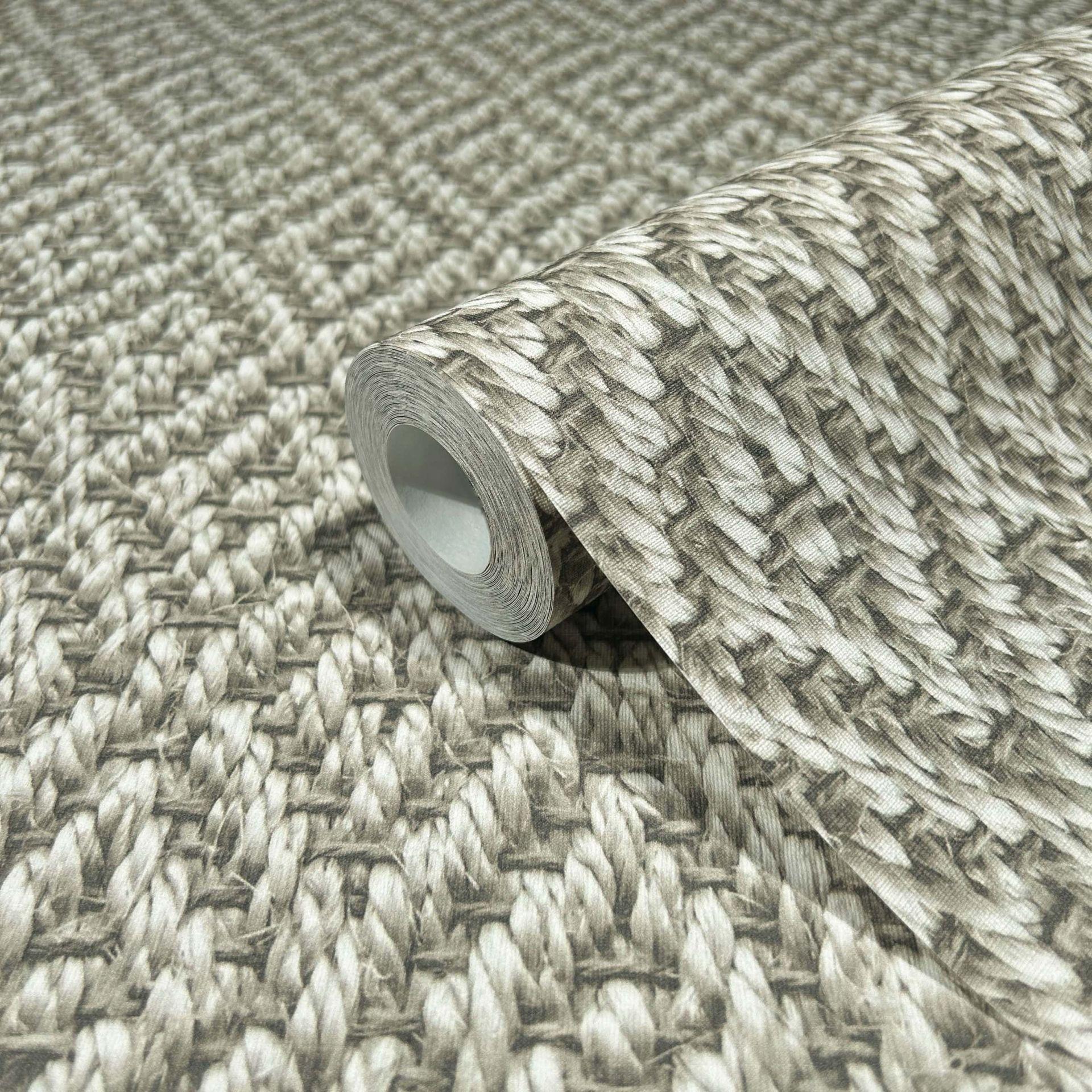 non-woven tapet i 3D flettet diamantmønster beige, grå tekstil look