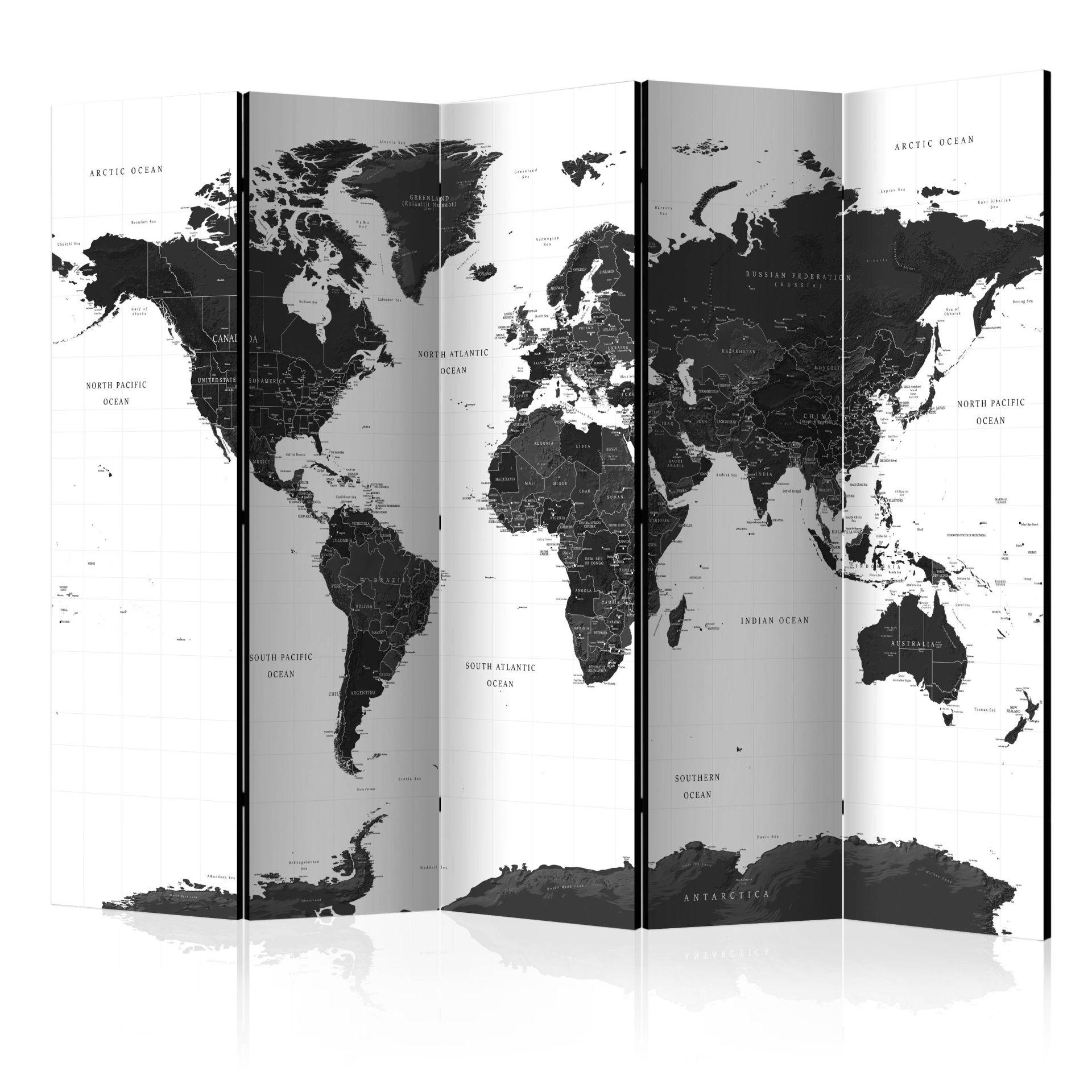 Screen room divider - Sort og hvidt verdenskort , 5-delt - 225x172 cm