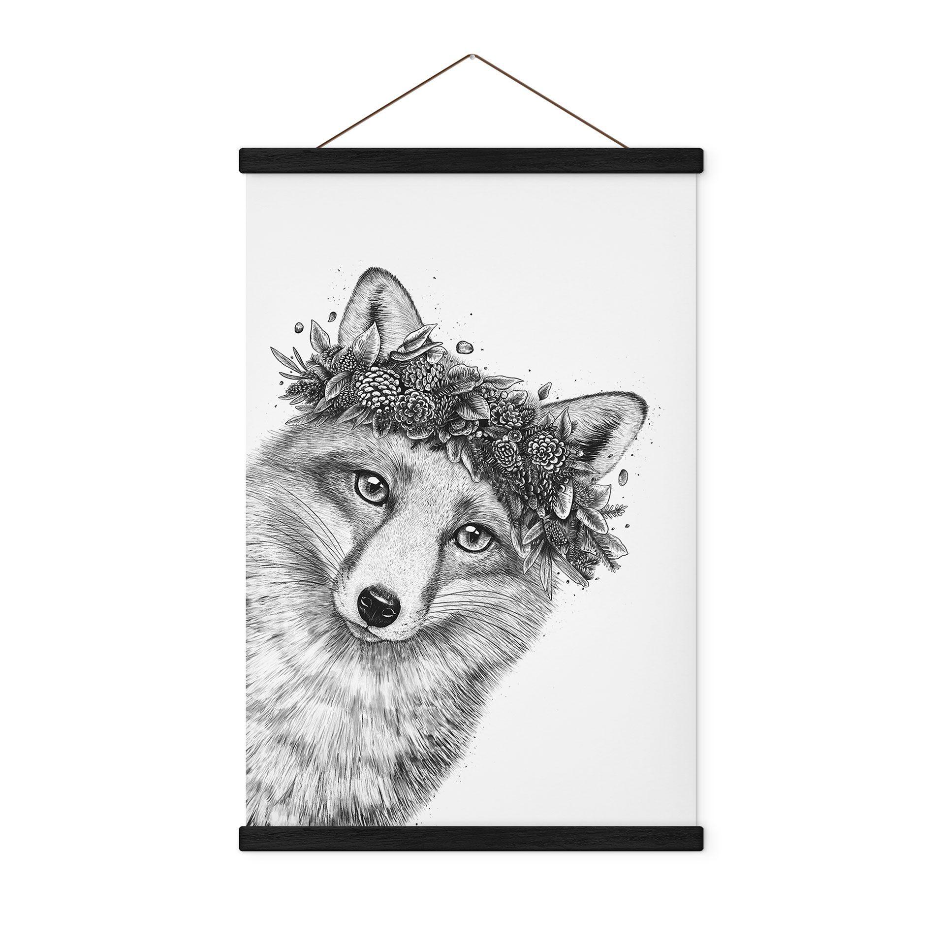 Póster de tela Zorro blanco y negro con corona de flores - Korenkova