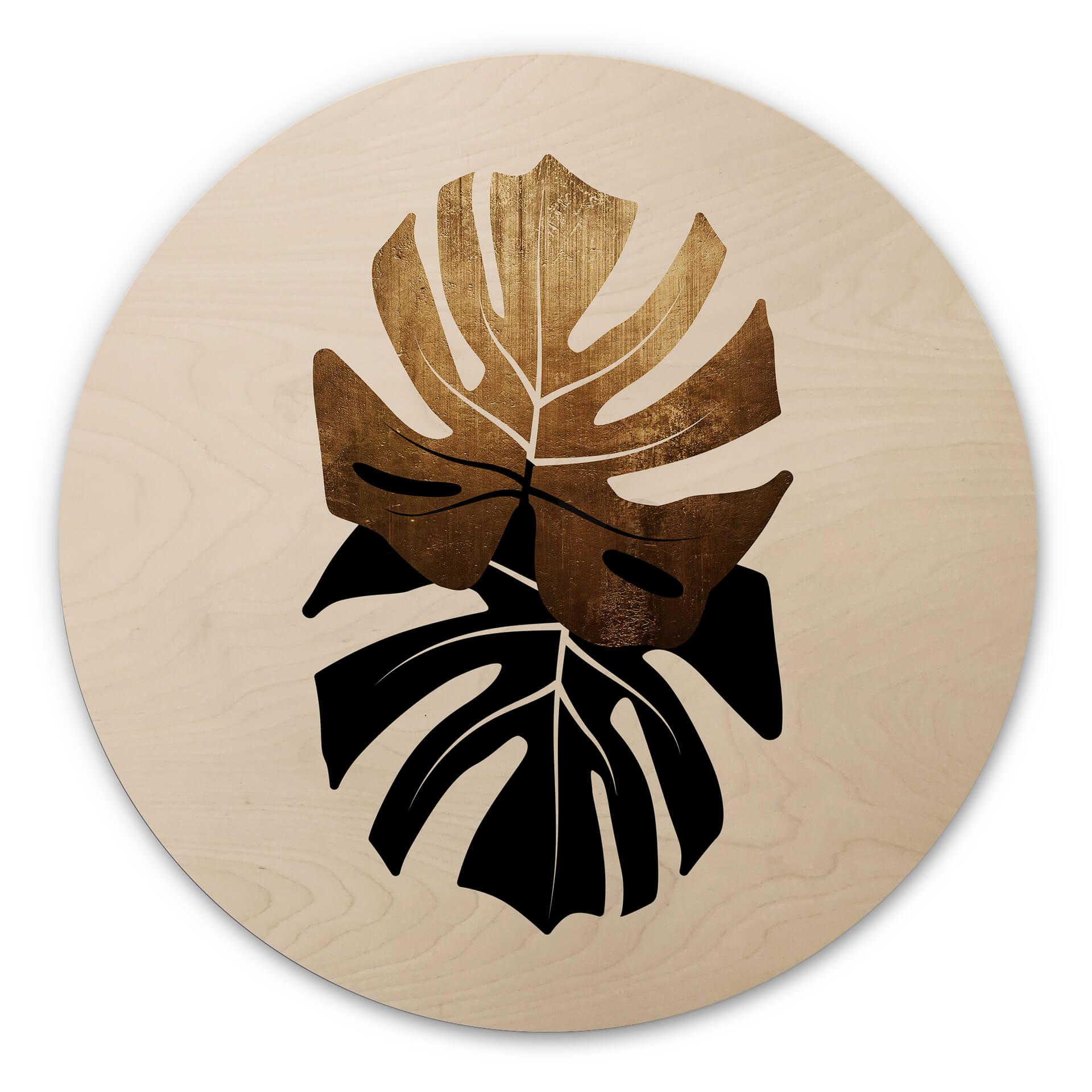 Cuadro de madera Kubistika - Hojas de monstera negras y doradas - Redondo
