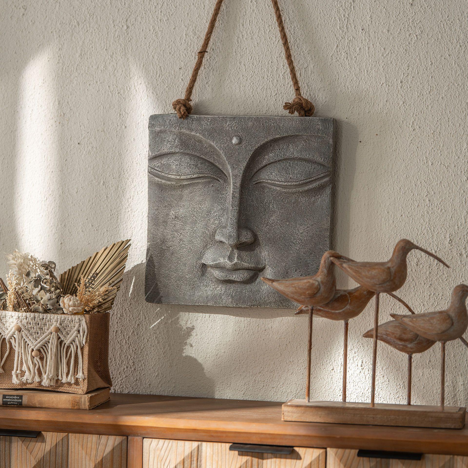 Buddha Gesicht Wandskulptur - Asiatische Wanddeko aus Kunststein - mit Seil 40x40 cm