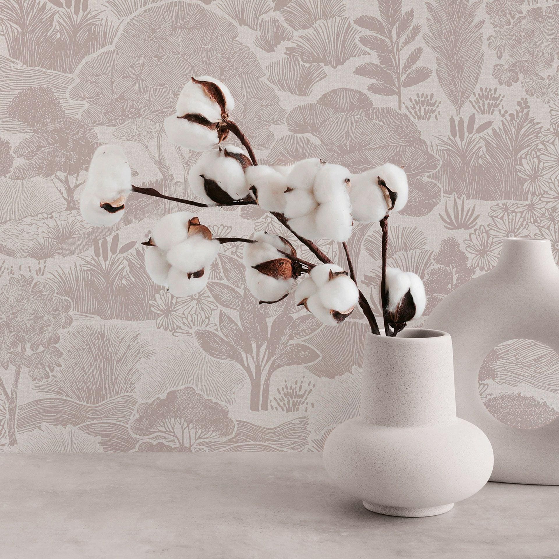 Landskabstapet creme taupe - Ikke-vævet tapet med illustration af naturmotiv