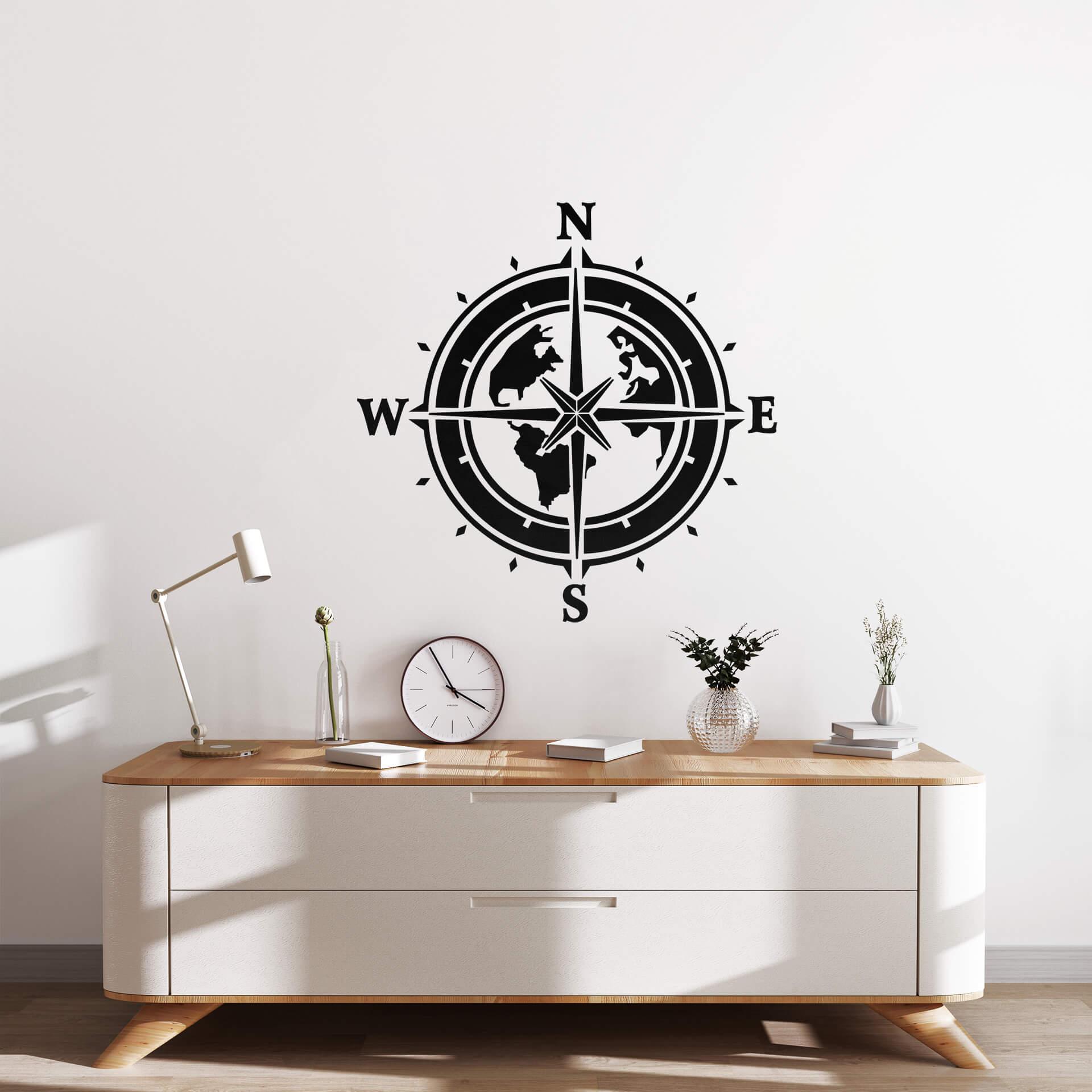 Wallsticker Kompas med abstrakte kontinenter