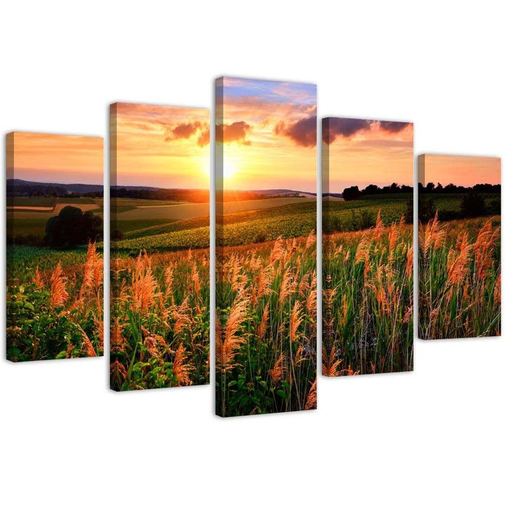 5 stykke lærredsprint, Sunset Flowers Meadow