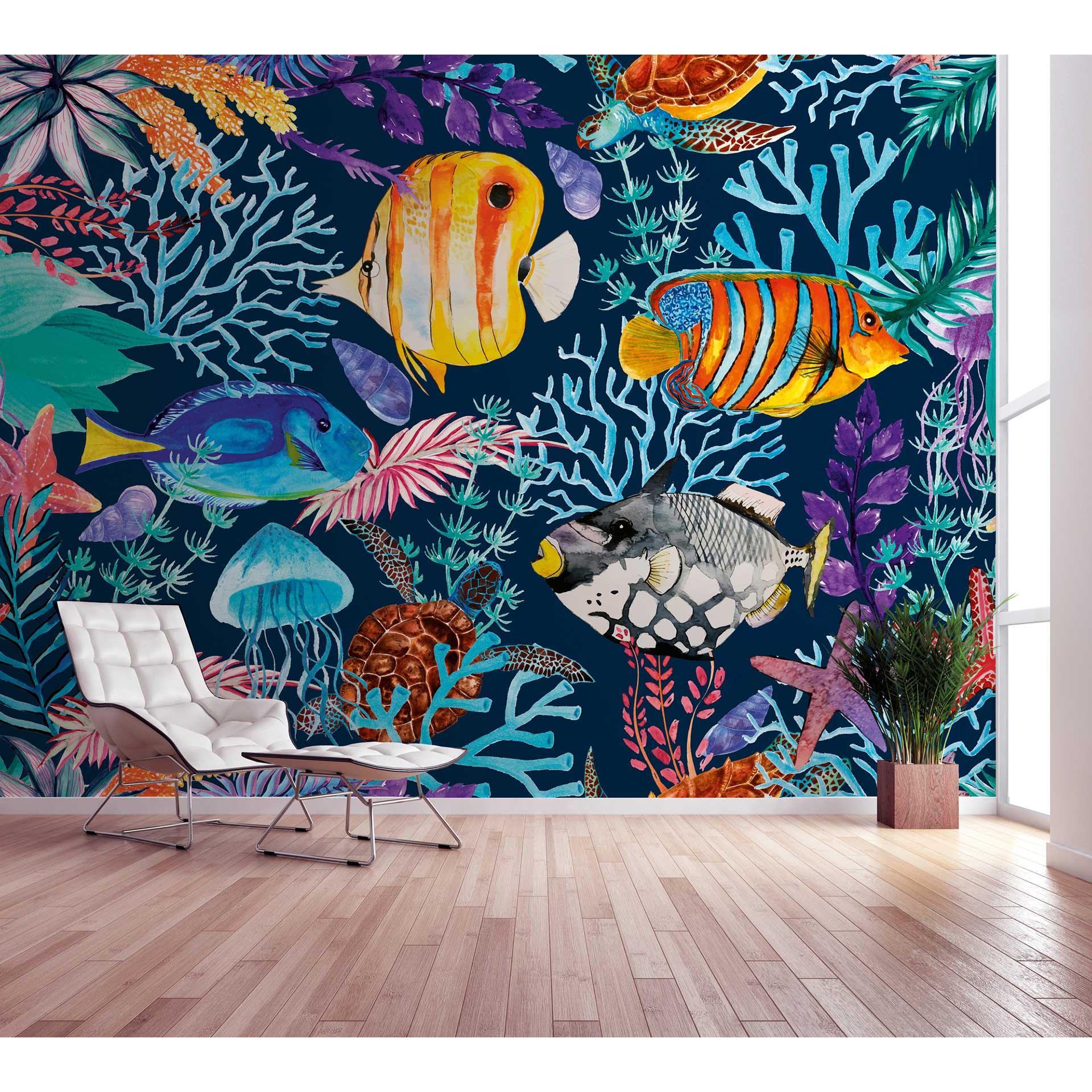 Livingwalls papier peint photo ARTist Underwater avec poissons et coraux bleu, orange, turquoise, violet