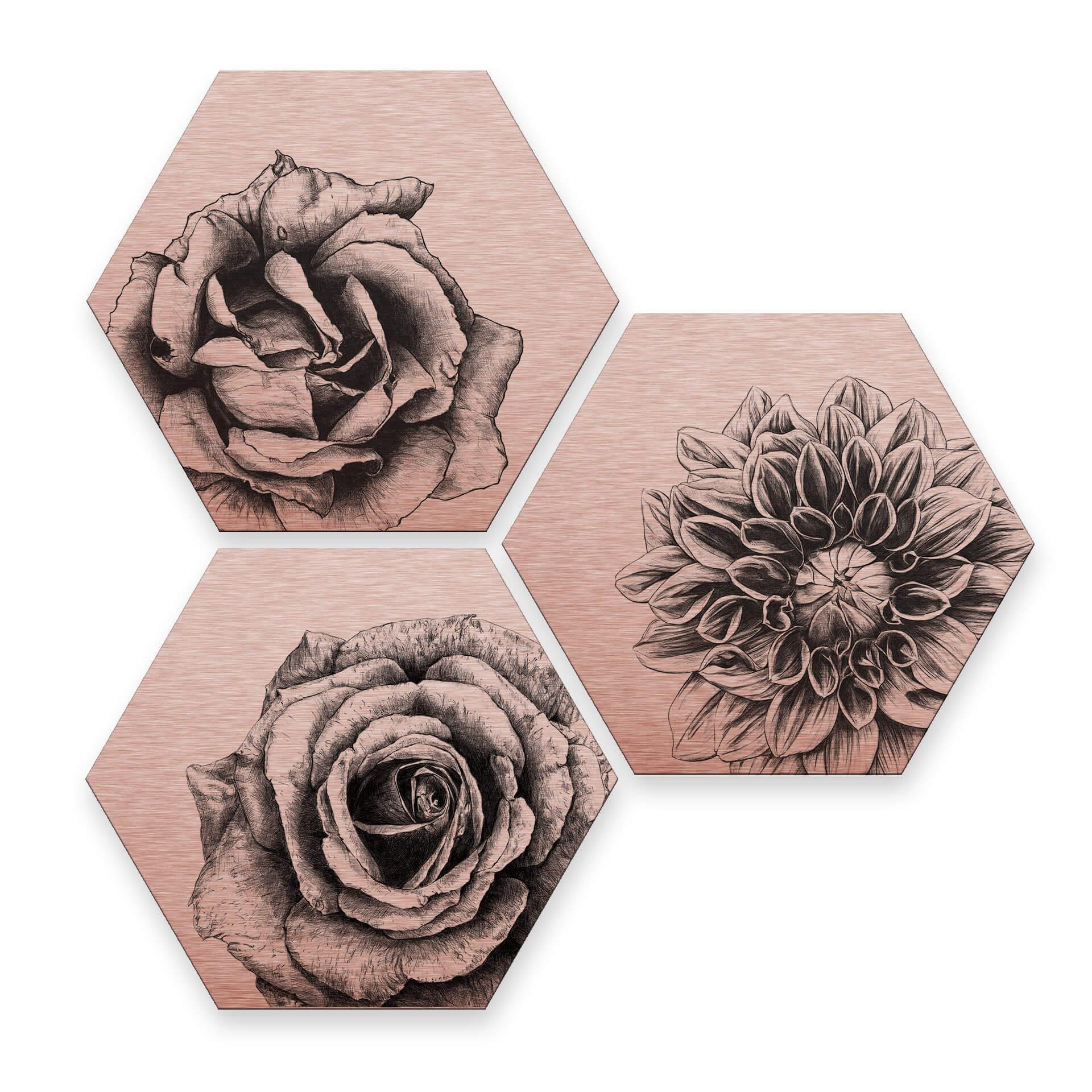 Hexagon Dibond Set Koper Effect - Kools - Flowers