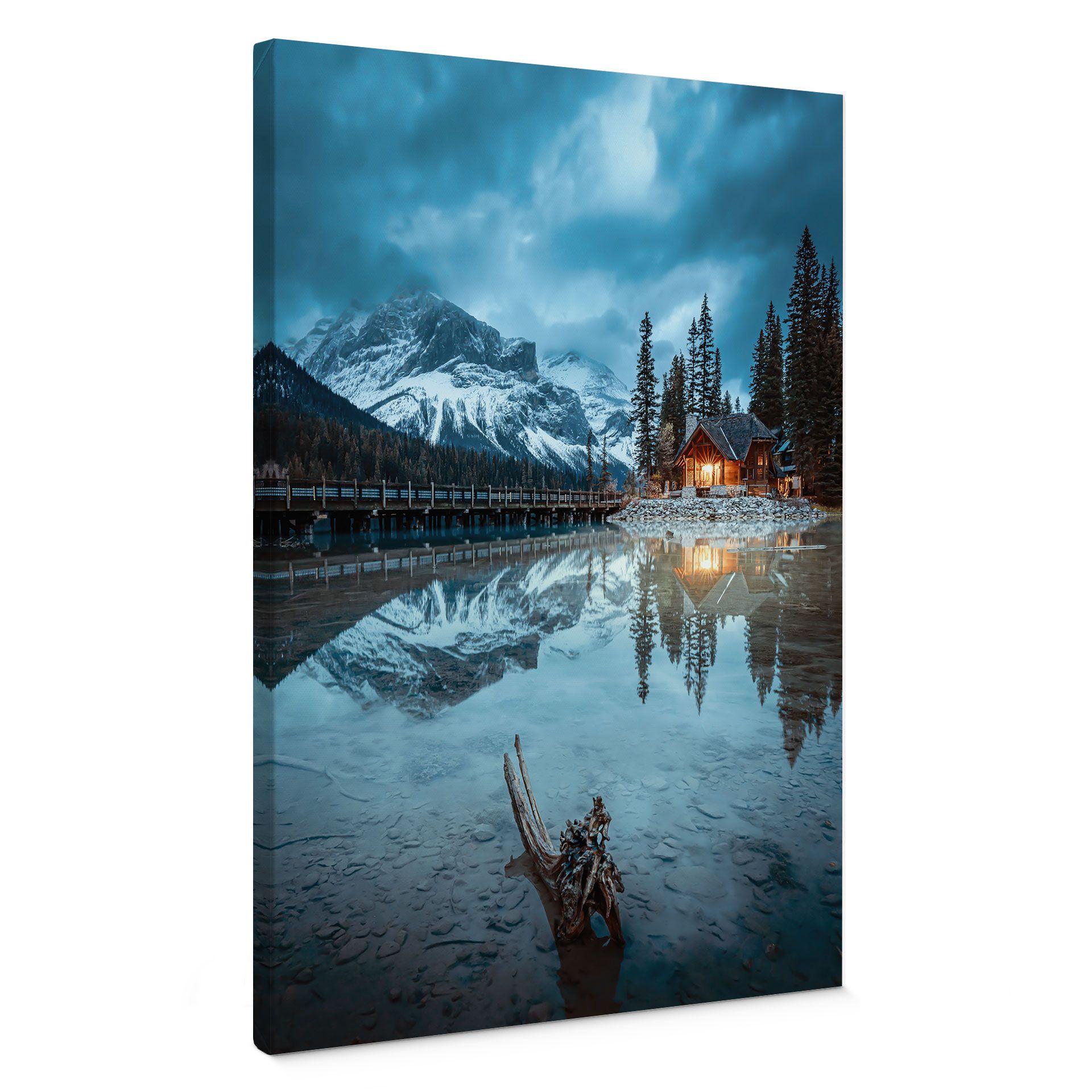 Canvas  Bjergidyl ved en sø om aftenen - Bing Li