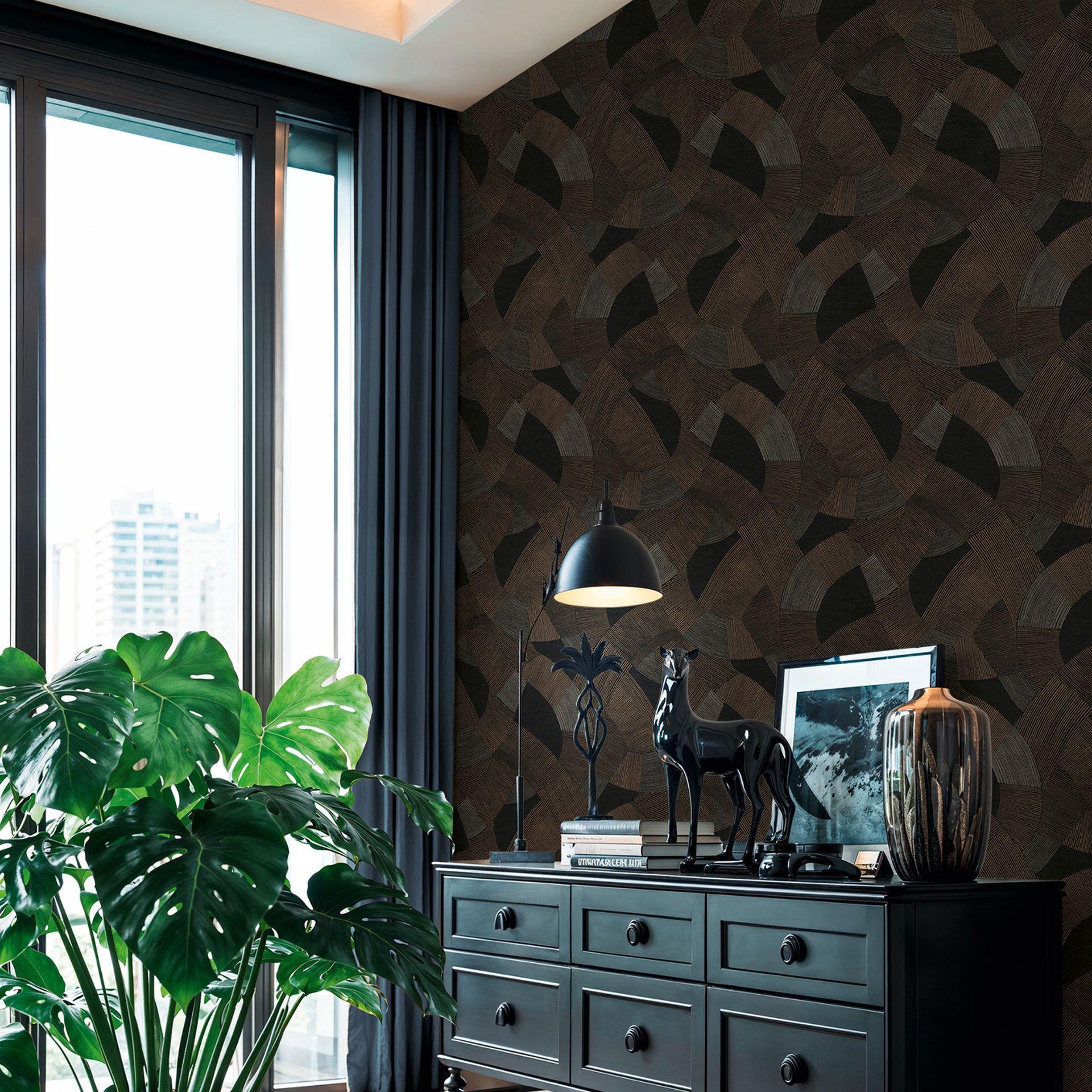 Papier peint intissé formes géométriques noir marron papier peint mural géométrique