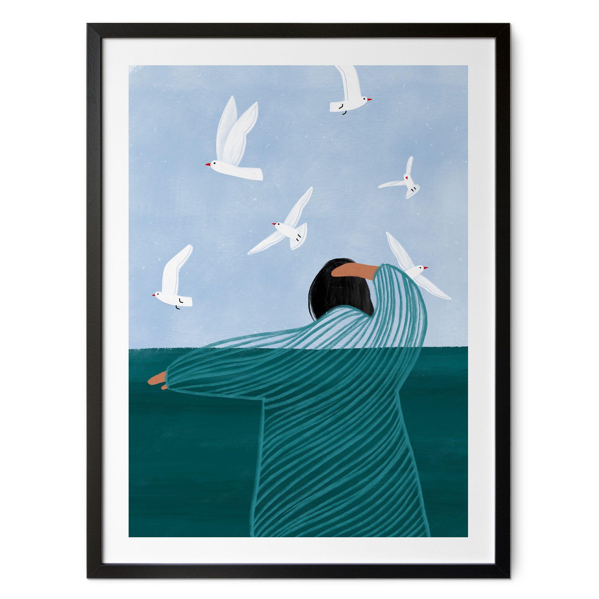 Plakat kvinde med måger ved havet - Müller