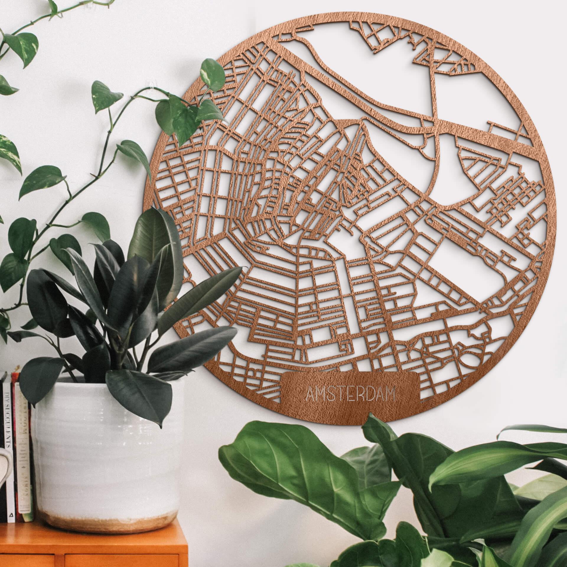 Mapa de la ciudad de Amsterdam en madera de caoba - Redondo