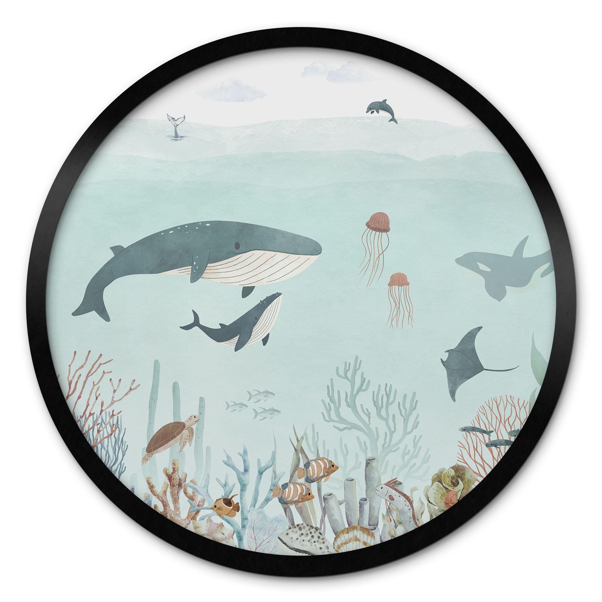 Póster para niños - Aventura submarina con animales marinos - Azul - Oliver Robins - Redondo