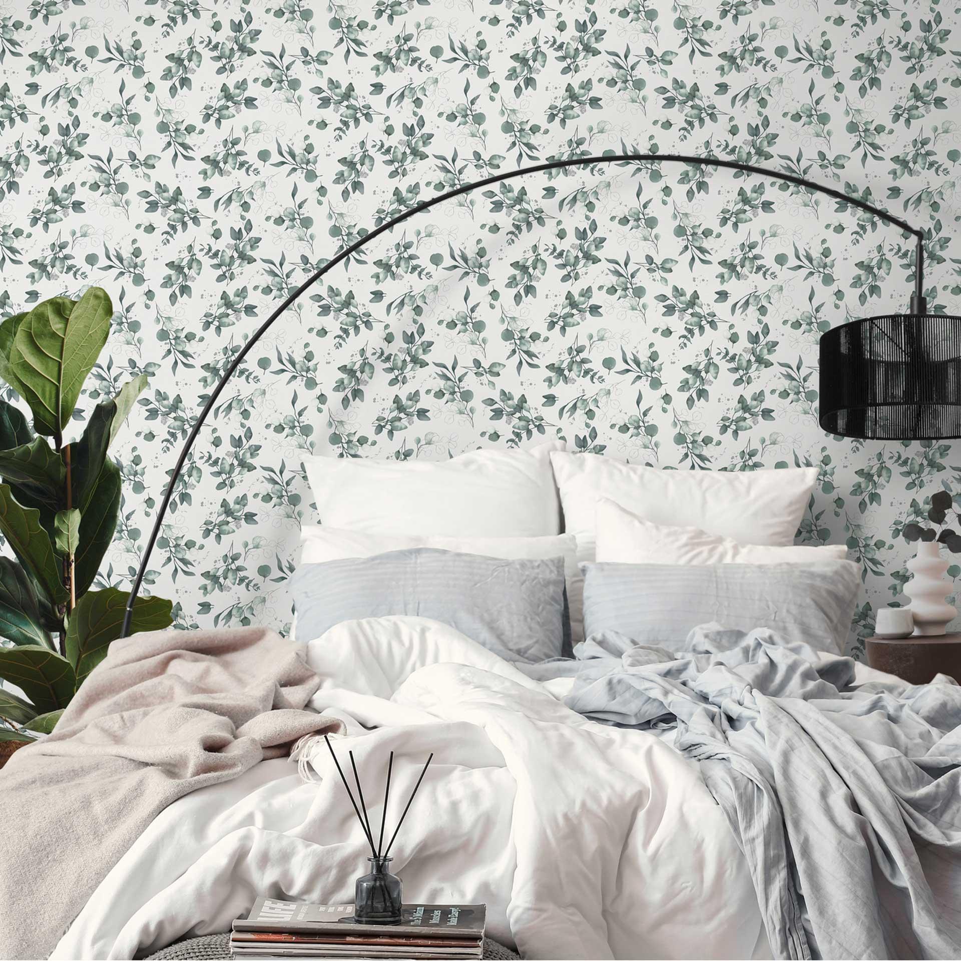 Papel pintado acuarela floral verde gris - Papel no tejido con hojas - Muestra botánica