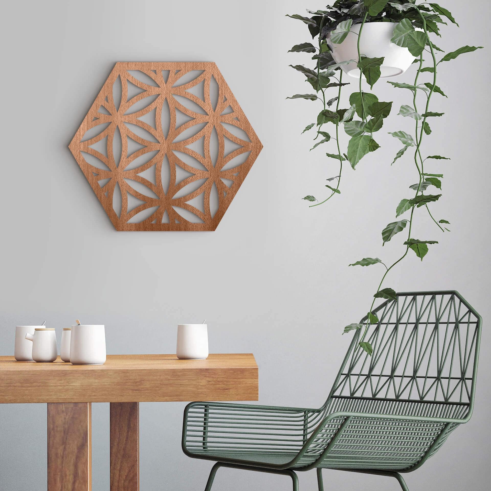 Décoration en bois placage acajou hexagonale Fleur de vie