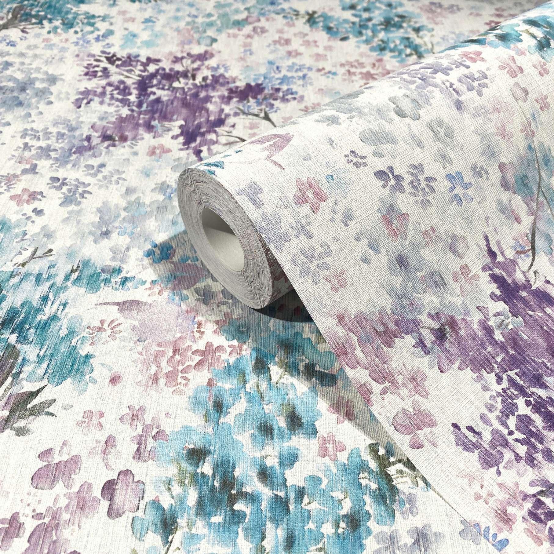 Tapet med mønster, non-woven blomstertapet Flora hvid, blå