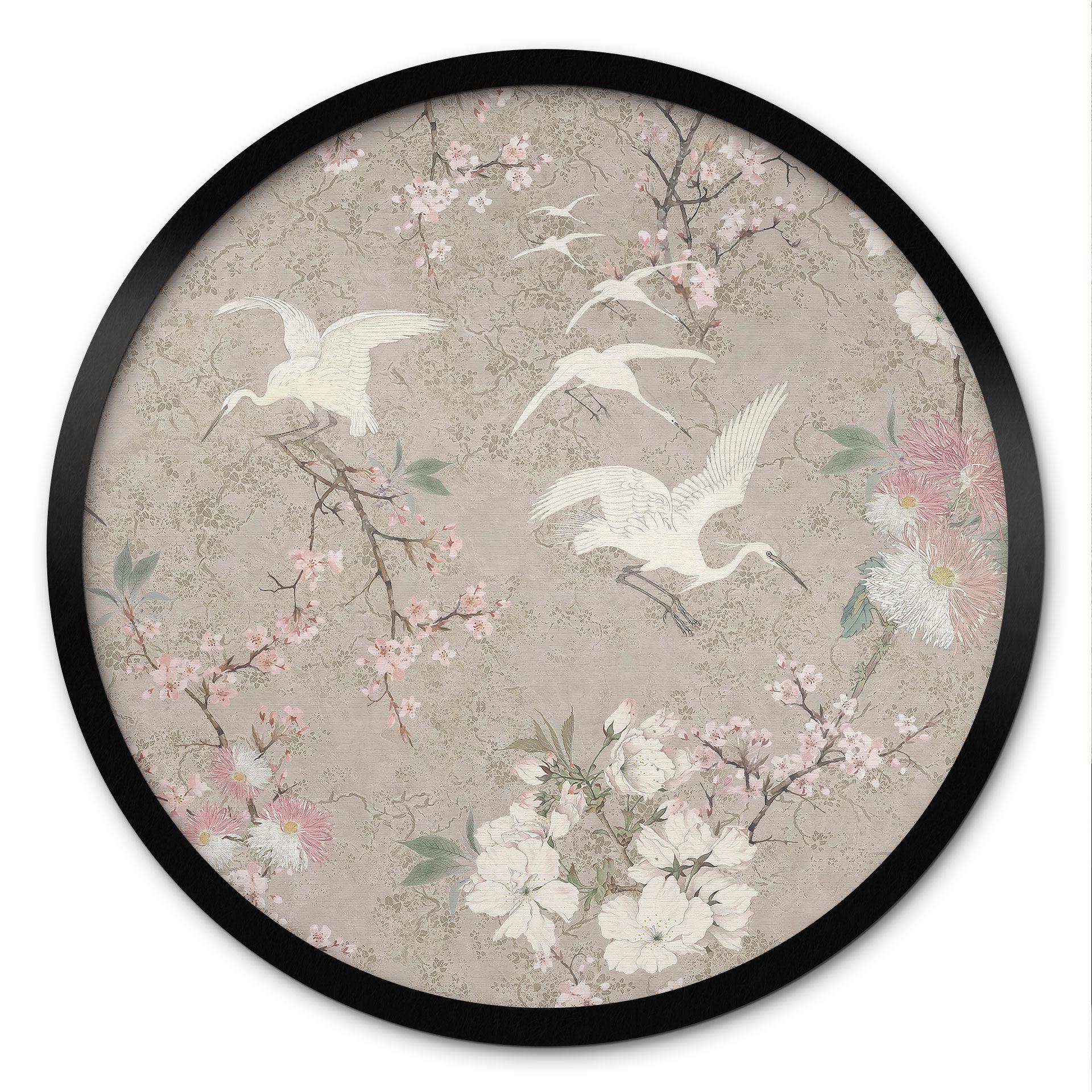 Póster Grullas en Flor de Cerezo Beige Rush - Decoración Floral - Redondo
