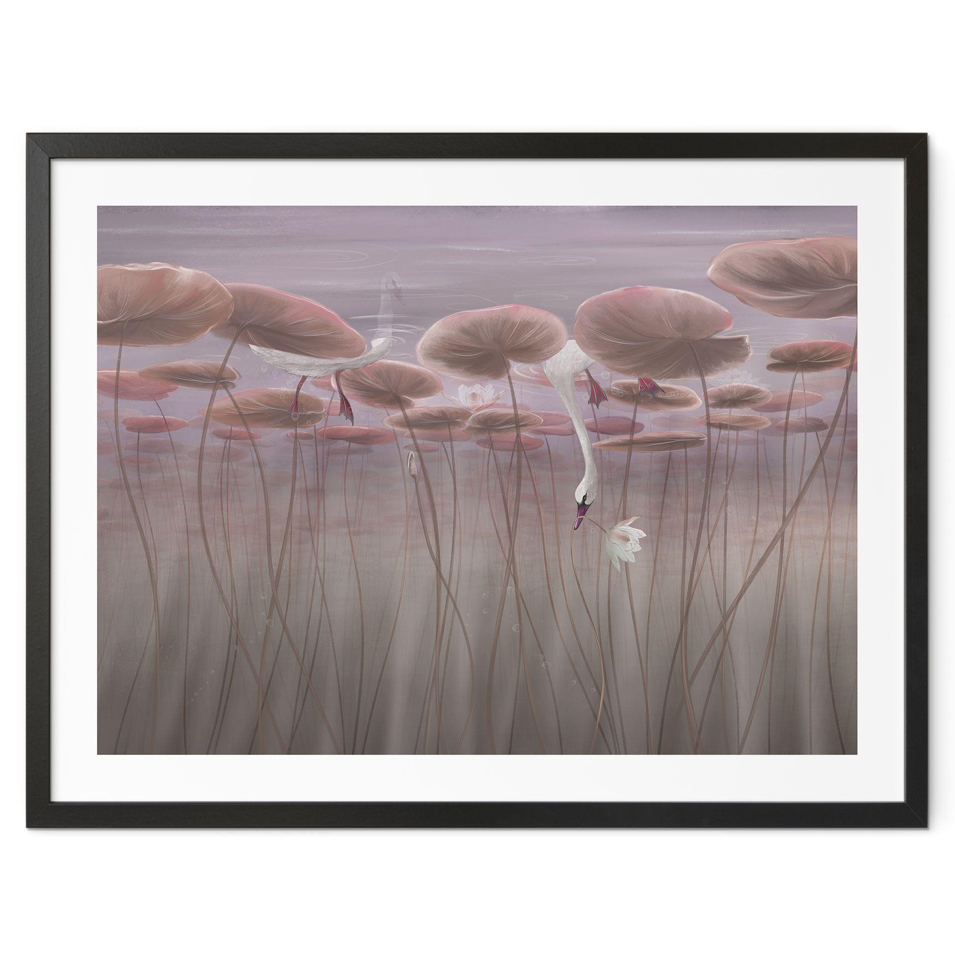 Poster lotusbloemen met zwaan in water in donkerroze - Ms Tiff