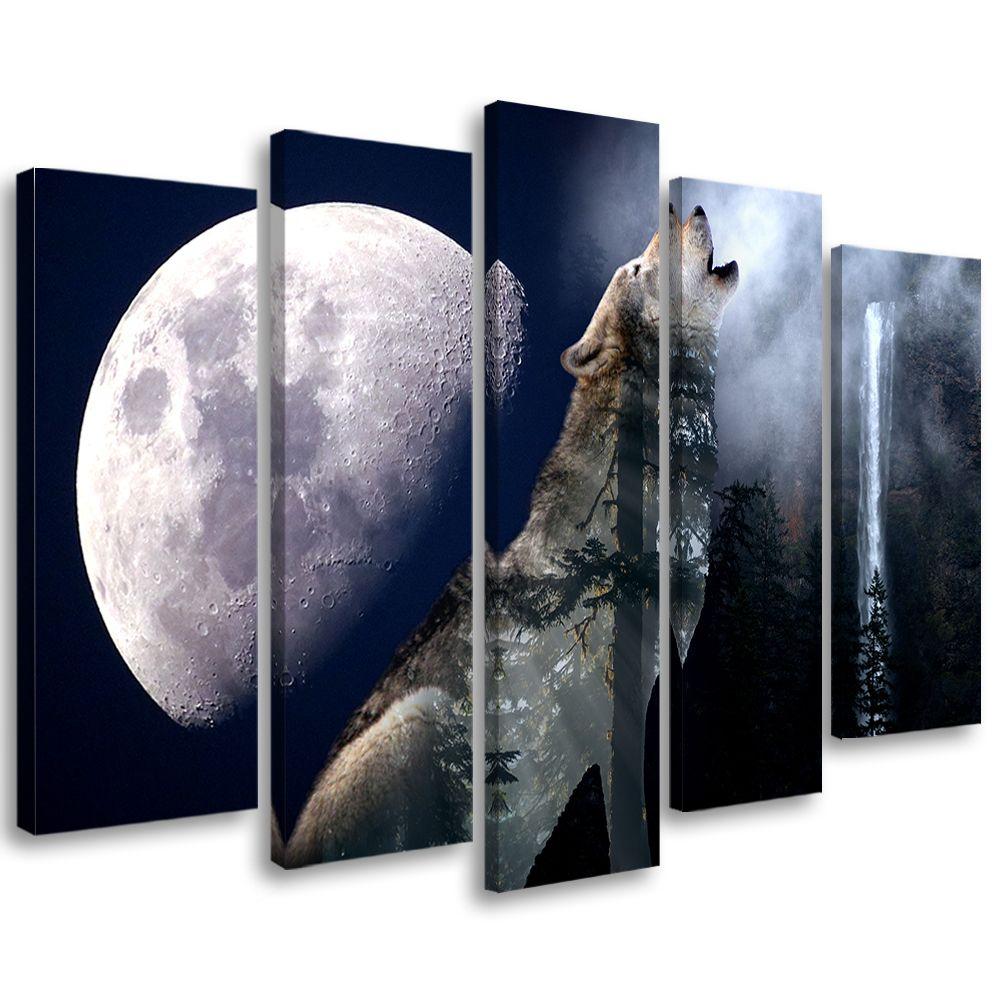 5 stykke lærredsprint, Wolf Nature Moon Fog