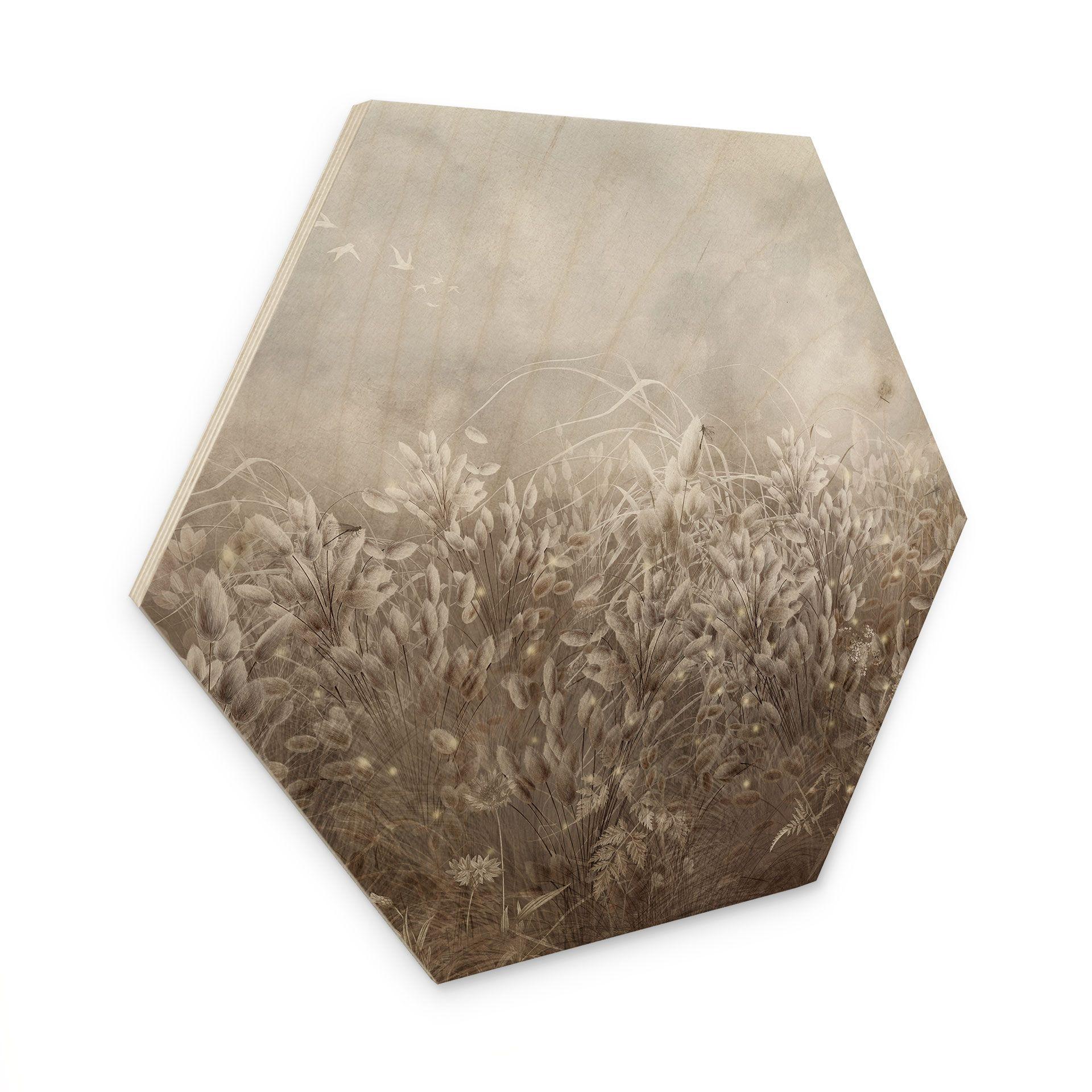 Houten Wanddecoratie zeshoekig pampagras en grassen in beige - Ms Tiff