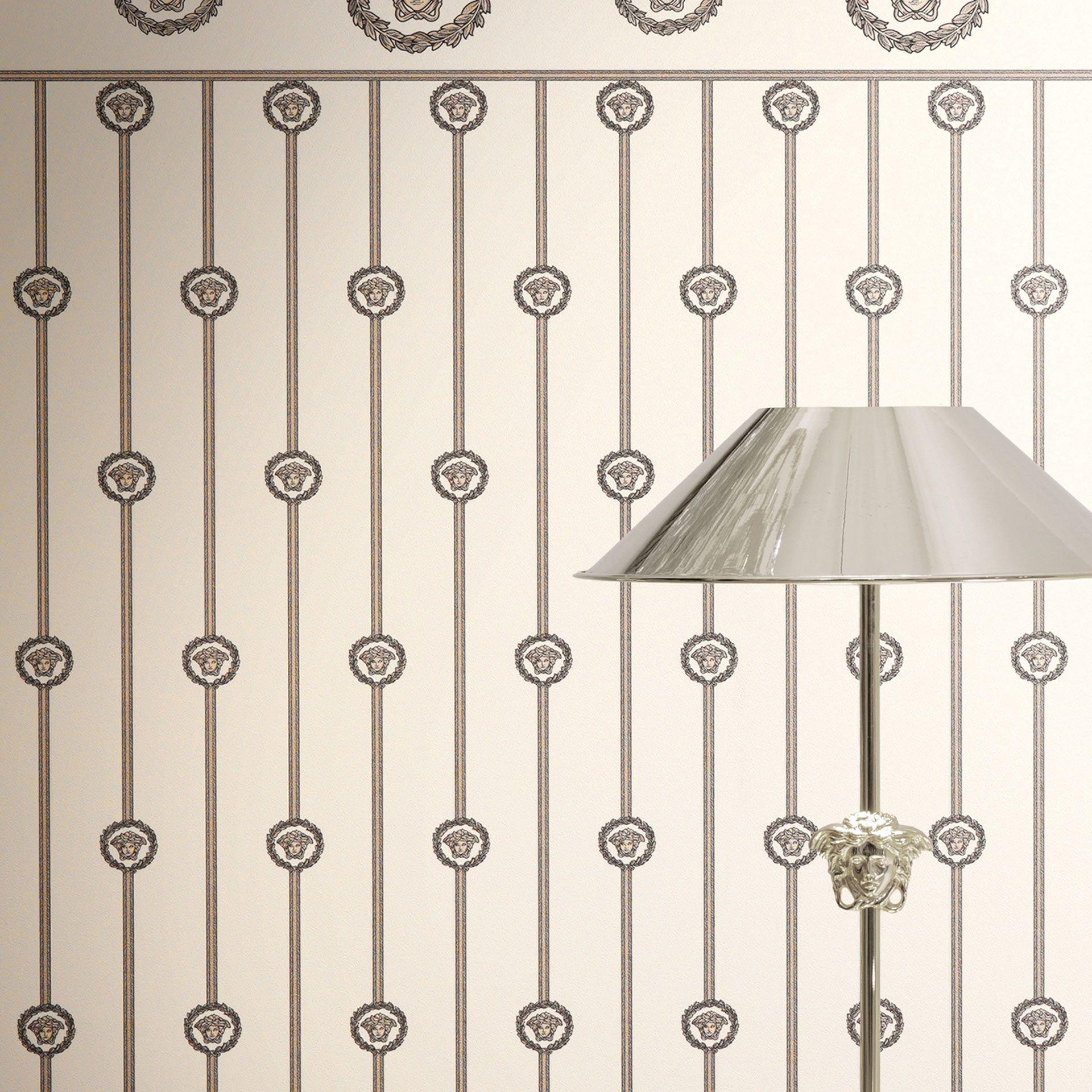 Versace ikke-vævet tapet base border medusahoved hvid beige metallic