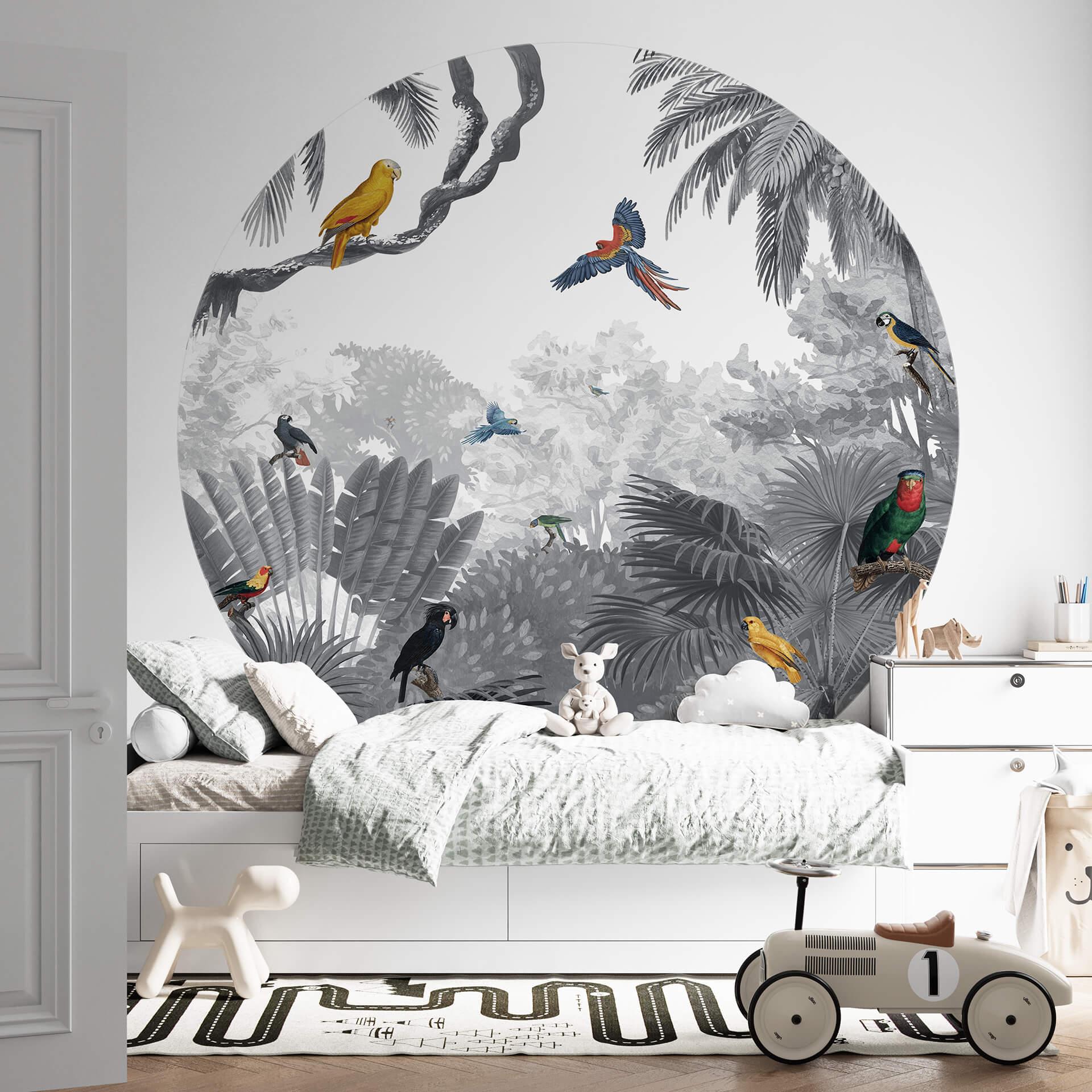 Fototapet - Rundt Kikki Belle - Tropical Birds sort og hvid - vliesetapet/selvklæbende non-woven tap