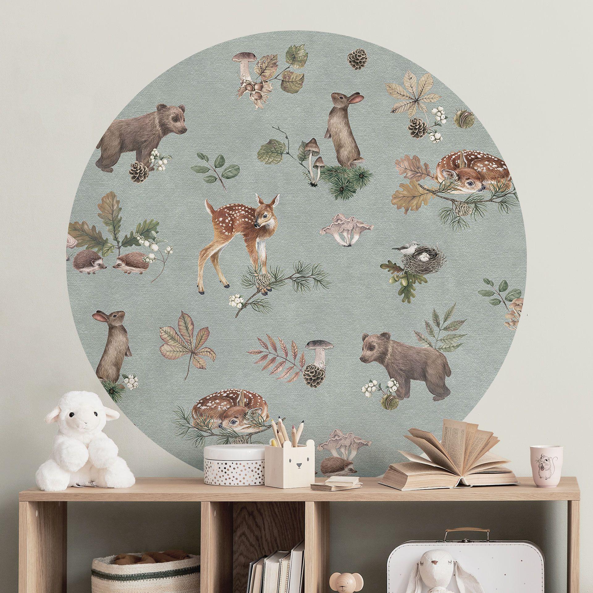 Vinilo decorativo cervatillo y amigos del bosque - animales para niños - azul - Kikki Belle - Redond