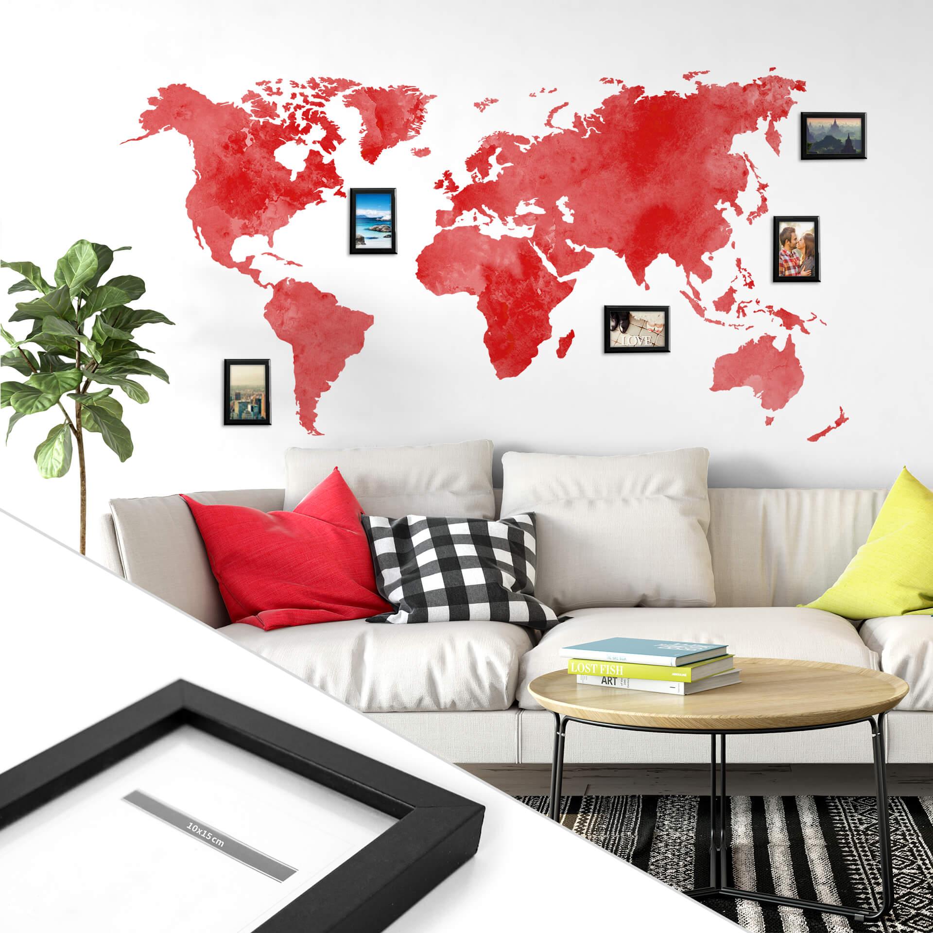 Sticker mural Mappemonde (Rouge) + 5 cadres photo