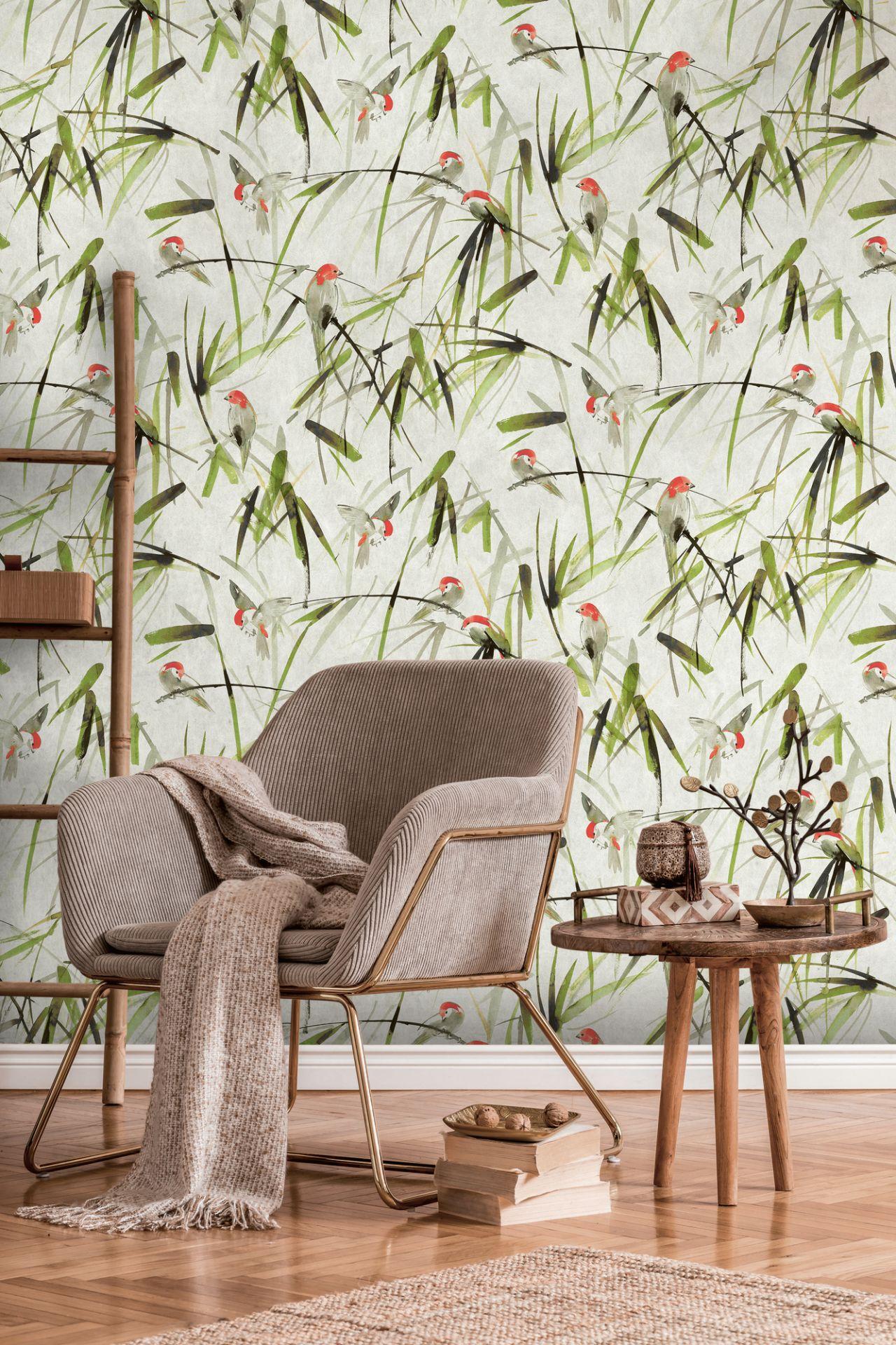 vogel behang beige groen - vliesbehang dieren Livingwalls - mat en glad