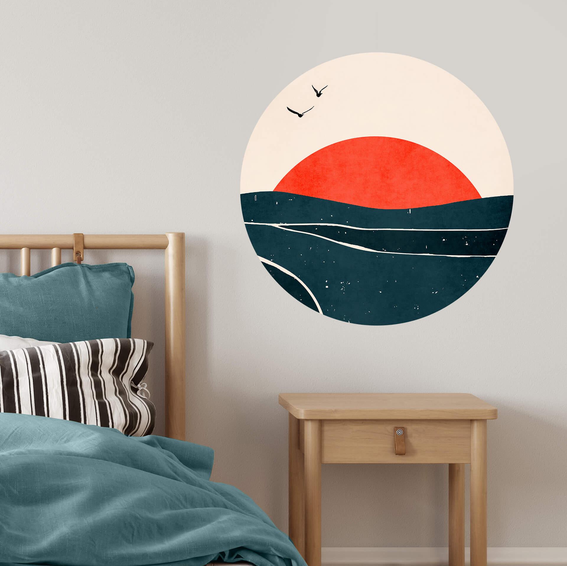 Vinilo decorativo puesta de sol junto al mar con palomas - Cubistika - Redondo