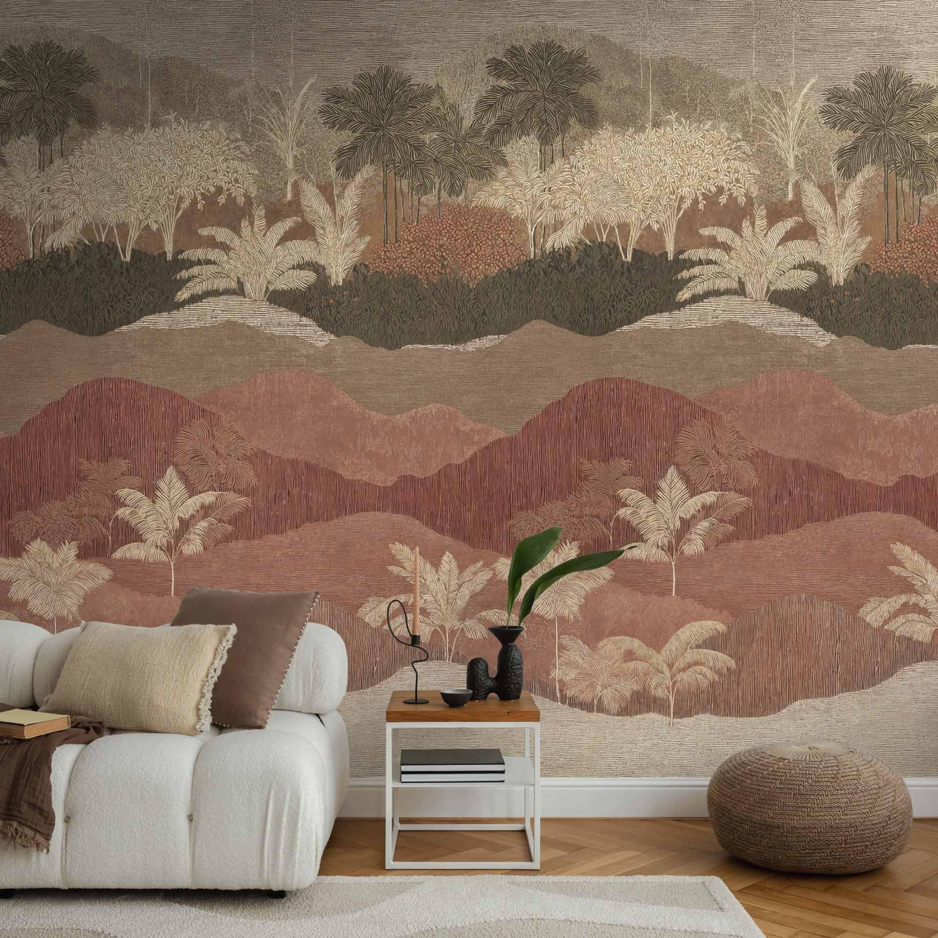 Papier peint photo non tissé paysage avec arbres marron crème rouge mat extensible 1,59 x 2,80 m papier peint