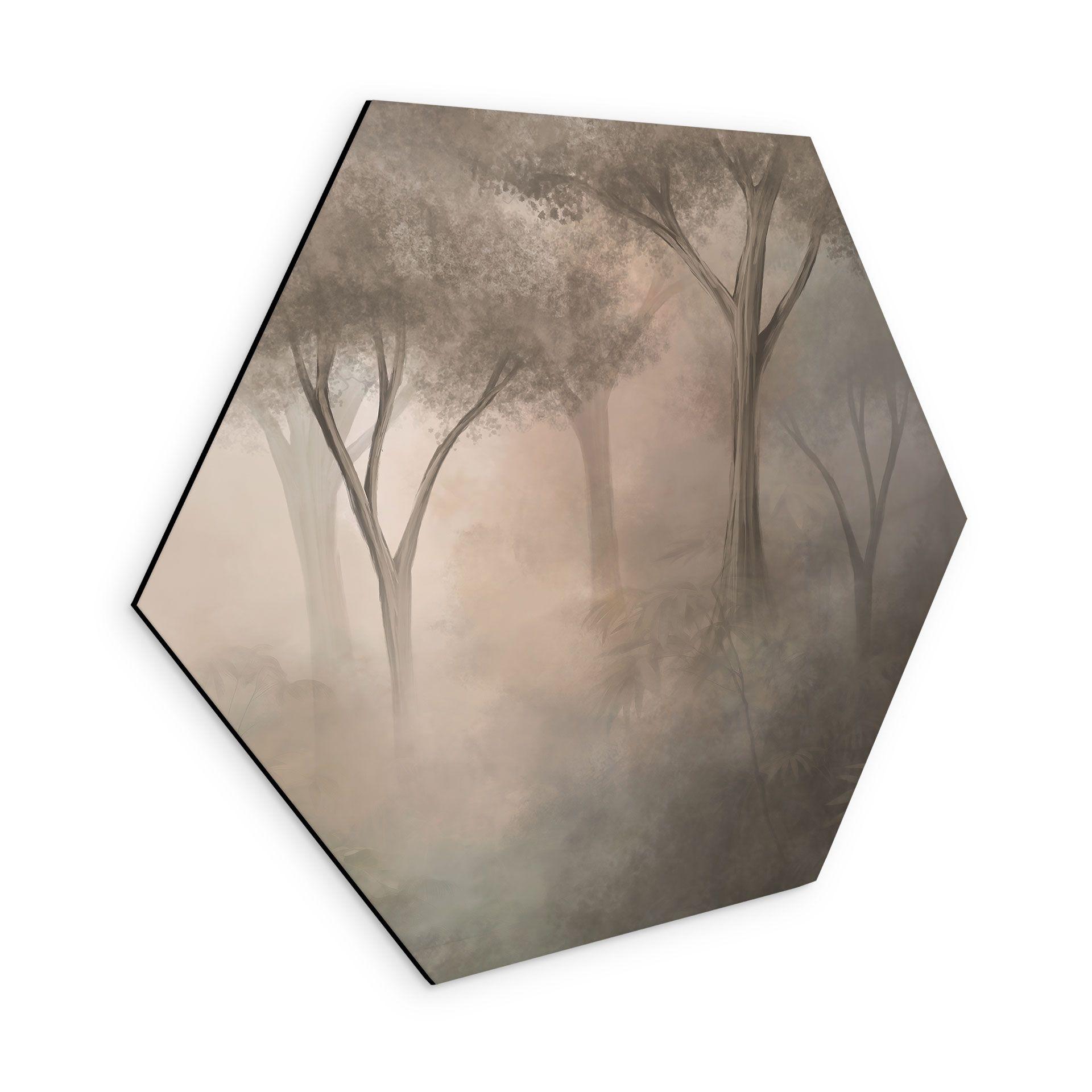 Wanddecoratie Bosmagie in de ochtendnevel Beige - Ms Tiff - Alu-Dibond