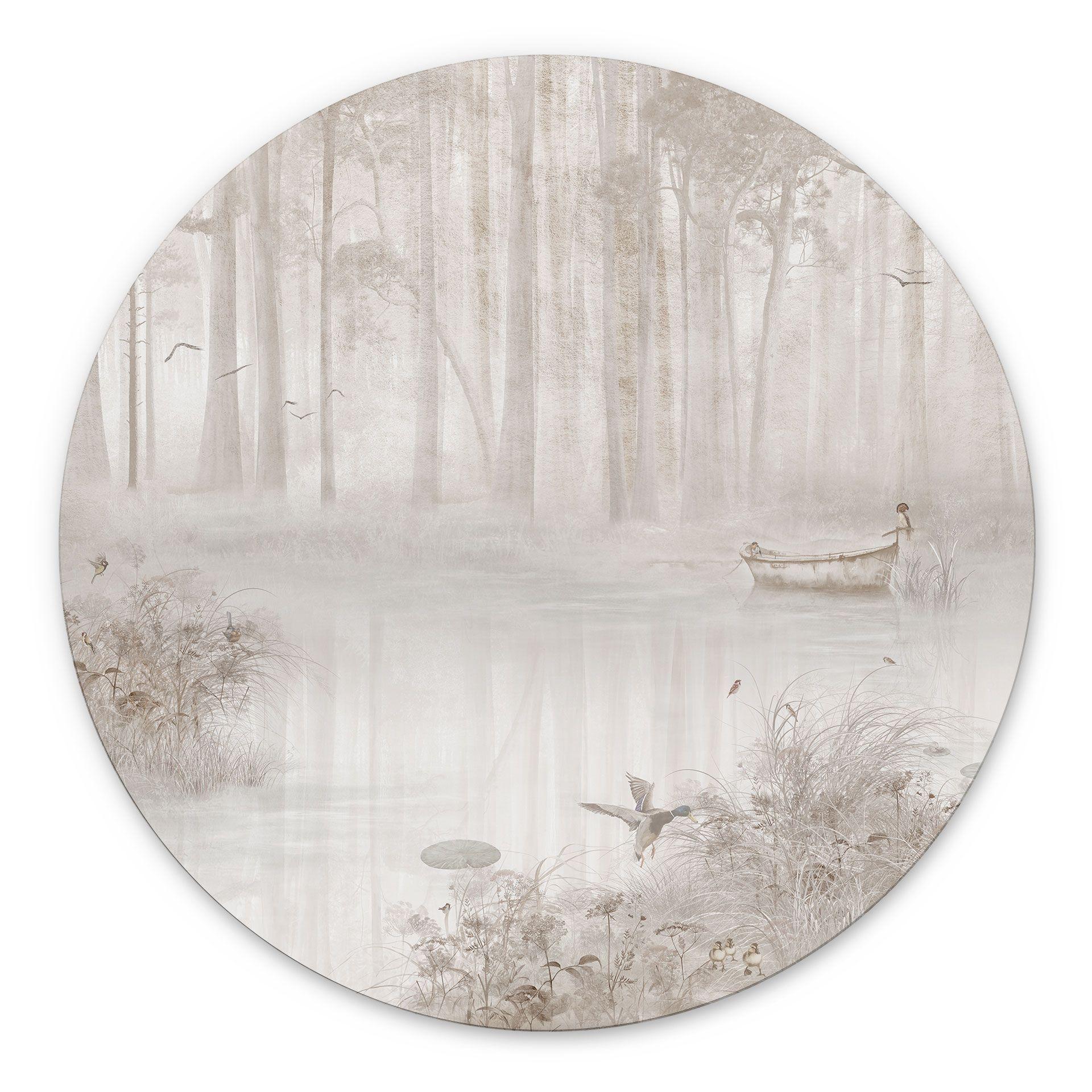 Wanddecoratie Bos aan het meer in beige mist - Ms Tiff - Alu-Dibond Rond