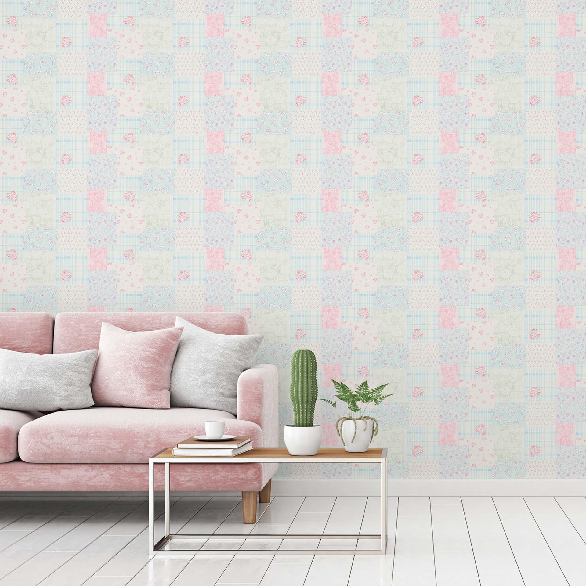 Papel pintado Floral azul rosa - papel pintado no tejido Casa de campo A.S. Création - mate y ligera